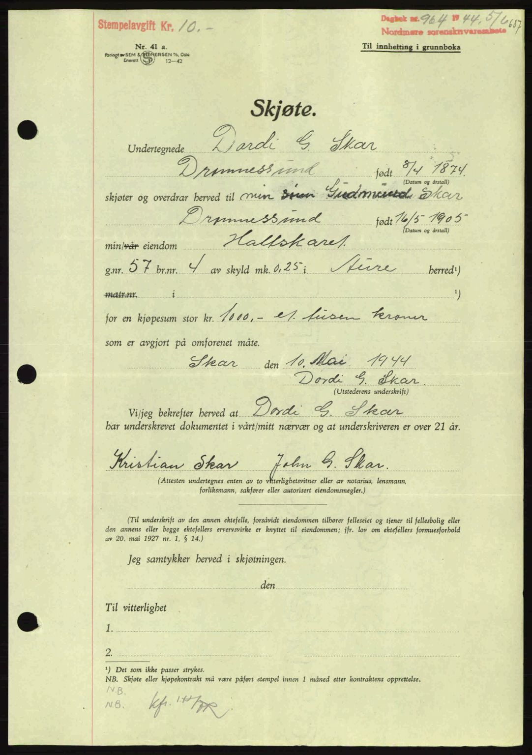 Nordmøre sorenskriveri, AV/SAT-A-4132/1/2/2Ca: Pantebok nr. A97, 1944-1944, Dagboknr: 964/1944