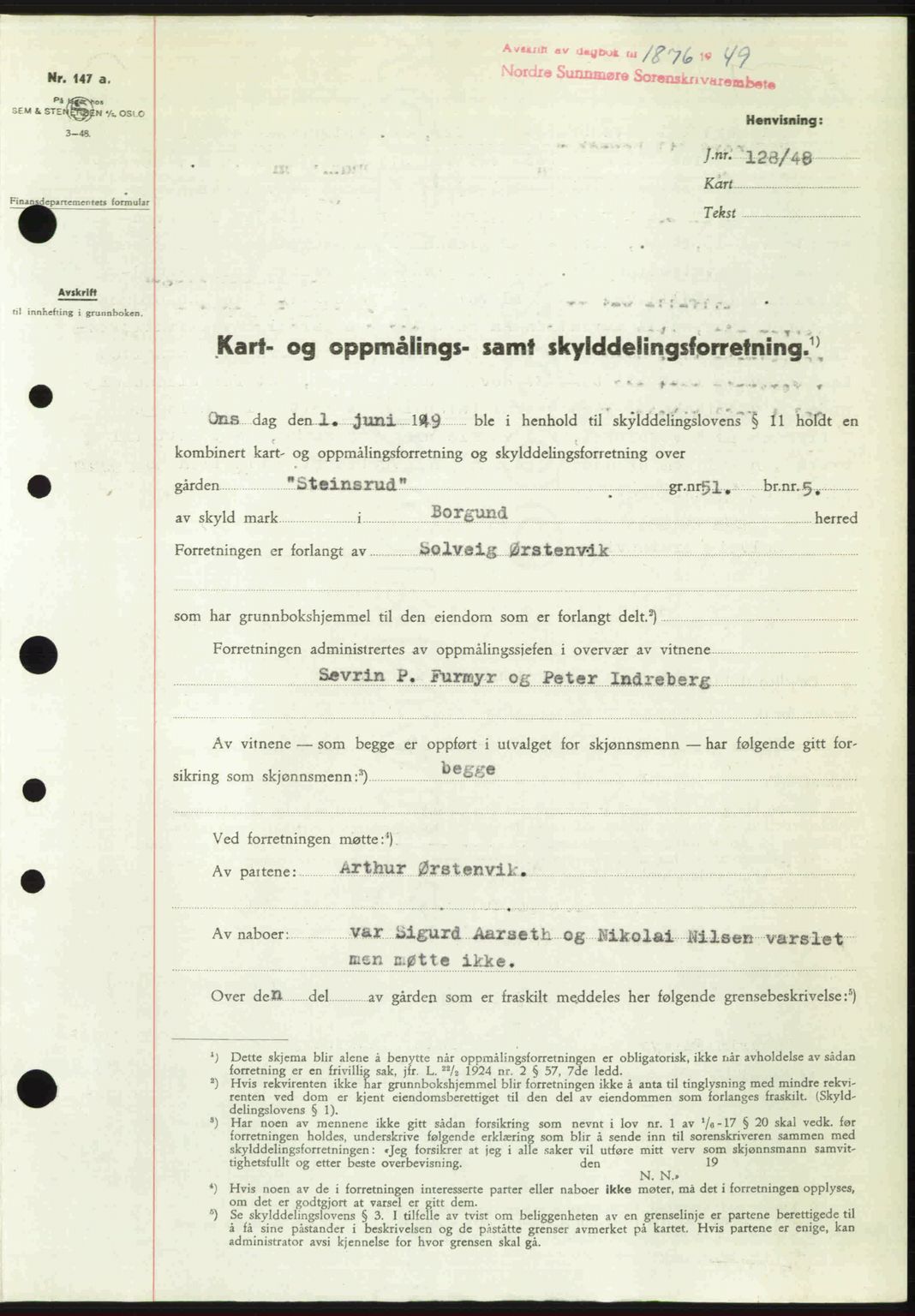 Nordre Sunnmøre sorenskriveri, AV/SAT-A-0006/1/2/2C/2Ca: Pantebok nr. A32, 1949-1949, Dagboknr: 1876/1949