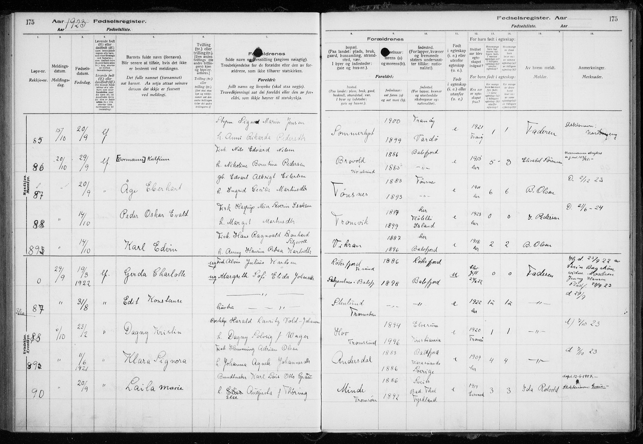 Tromsøysund sokneprestkontor, AV/SATØ-S-1304/H/Ha/L0079: Fødselsregister nr. 79, 1916-1924, s. 175