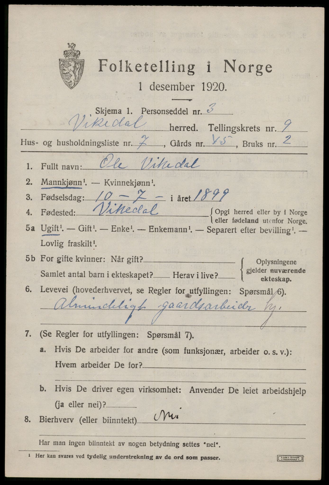 SAST, Folketelling 1920 for 1157 Vikedal herred, 1920, s. 2989