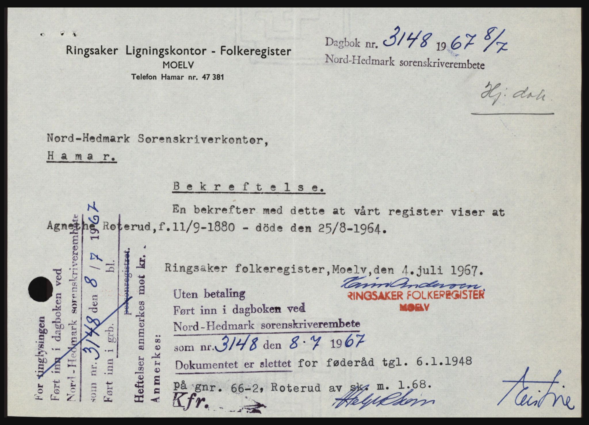 Nord-Hedmark sorenskriveri, AV/SAH-TING-012/H/Hc/L0026: Pantebok nr. 26, 1967-1967, Dagboknr: 3148/1967