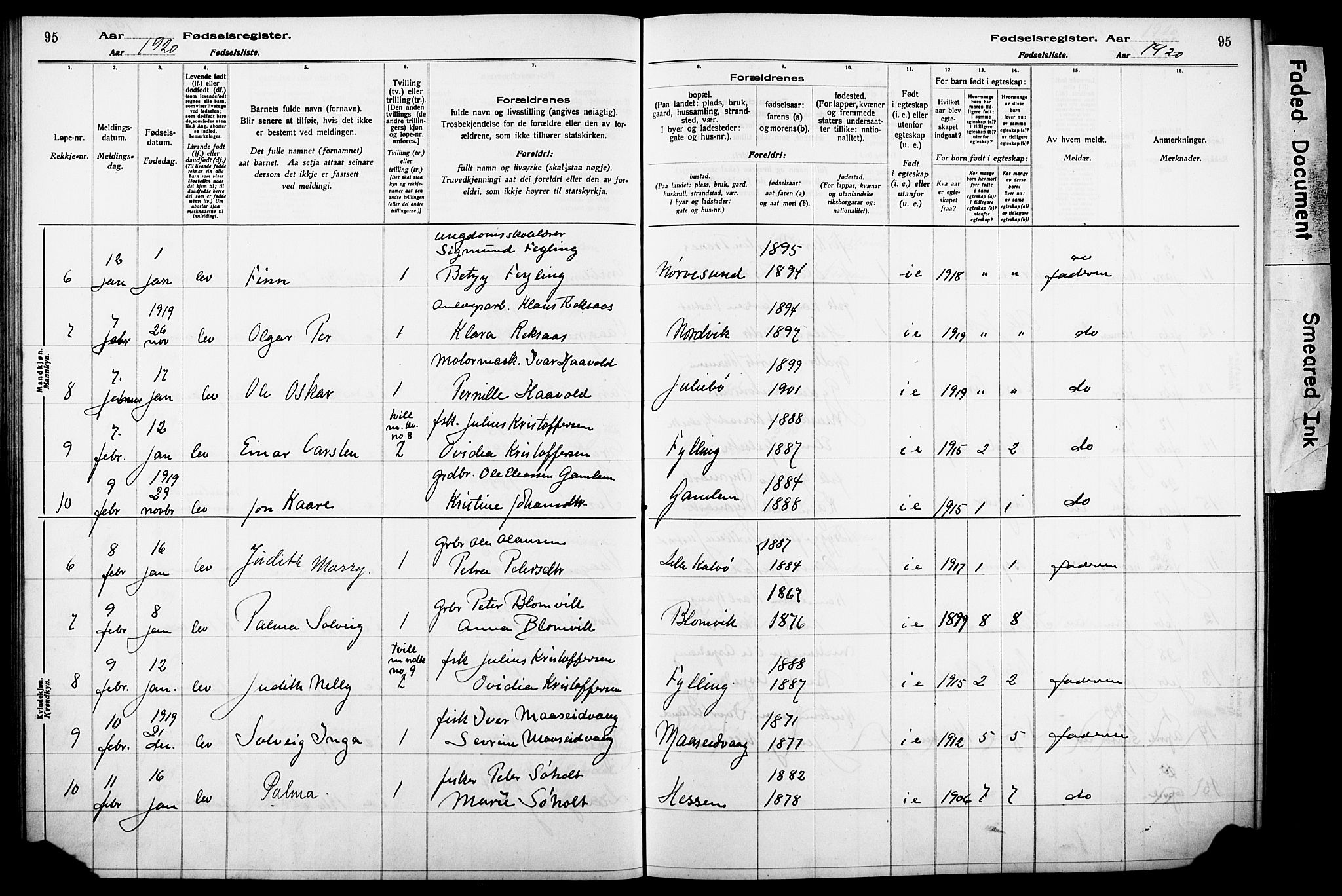 Ministerialprotokoller, klokkerbøker og fødselsregistre - Møre og Romsdal, AV/SAT-A-1454/528/L0442: Fødselsregister nr. 528.II.4.1, 1916-1924, s. 95