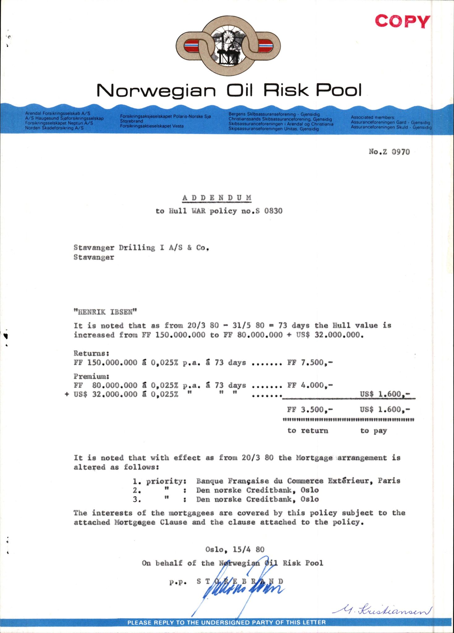 Pa 1503 - Stavanger Drilling AS, AV/SAST-A-101906/2/E/Ec/Eca/L0010: Forsikring, 1976-1983