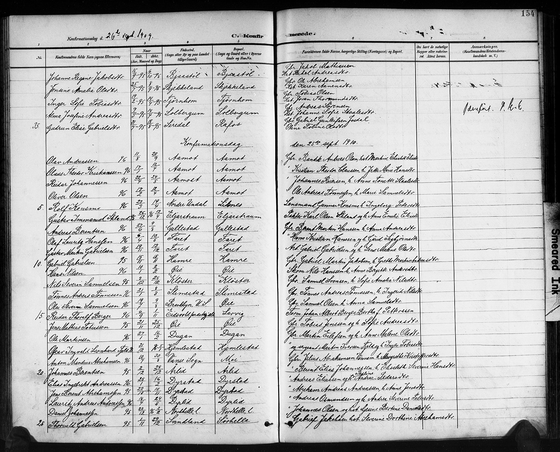Kvinesdal sokneprestkontor, AV/SAK-1111-0026/F/Fb/Fbb/L0003: Klokkerbok nr. B 3, 1898-1916, s. 154