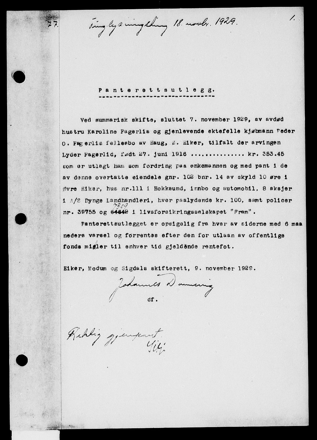 Eiker, Modum og Sigdal sorenskriveri, SAKO/A-123/G/Ga/Gab/L0020: Pantebok nr. II 20, 1929-1930, s. 1