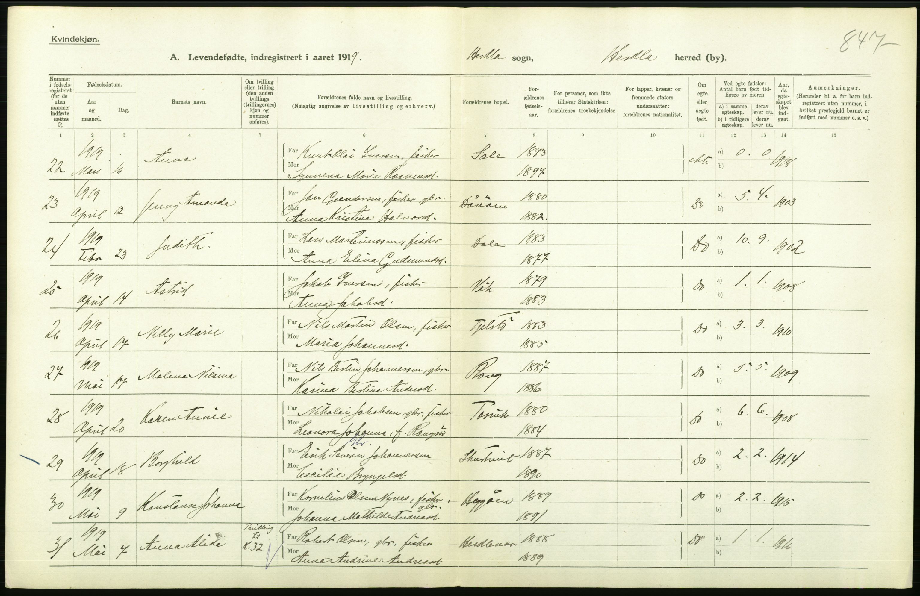 Statistisk sentralbyrå, Sosiodemografiske emner, Befolkning, RA/S-2228/D/Df/Dfb/Dfbi/L0031: Hordaland fylke: Levendefødte menn og kvinner. Bygder., 1919, s. 476