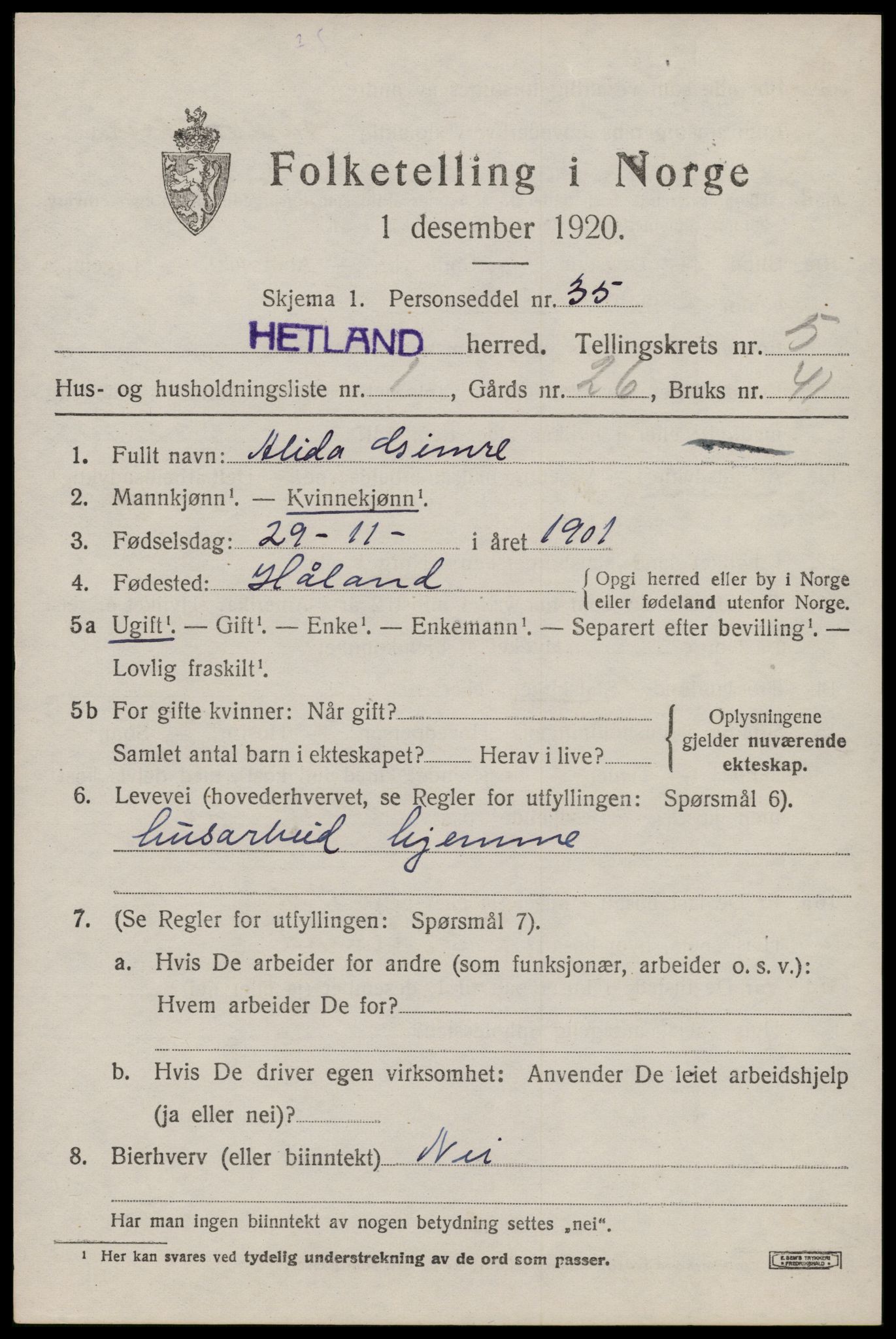SAST, Folketelling 1920 for 1126 Hetland herred, 1920, s. 8219