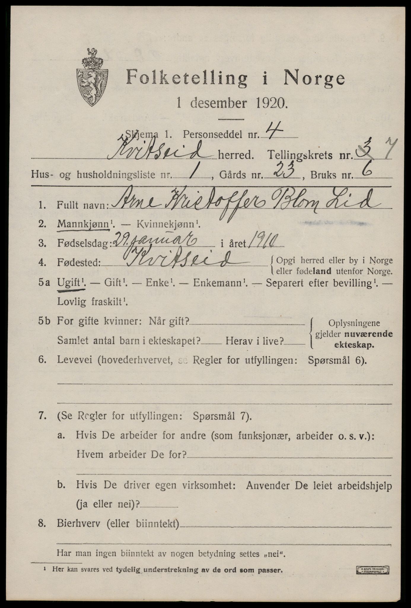SAKO, Folketelling 1920 for 0829 Kviteseid herred, 1920, s. 3521
