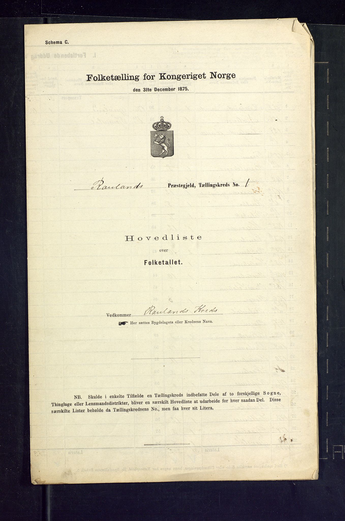 SAKO, Folketelling 1875 for 0835P Rauland prestegjeld, 1875, s. 2