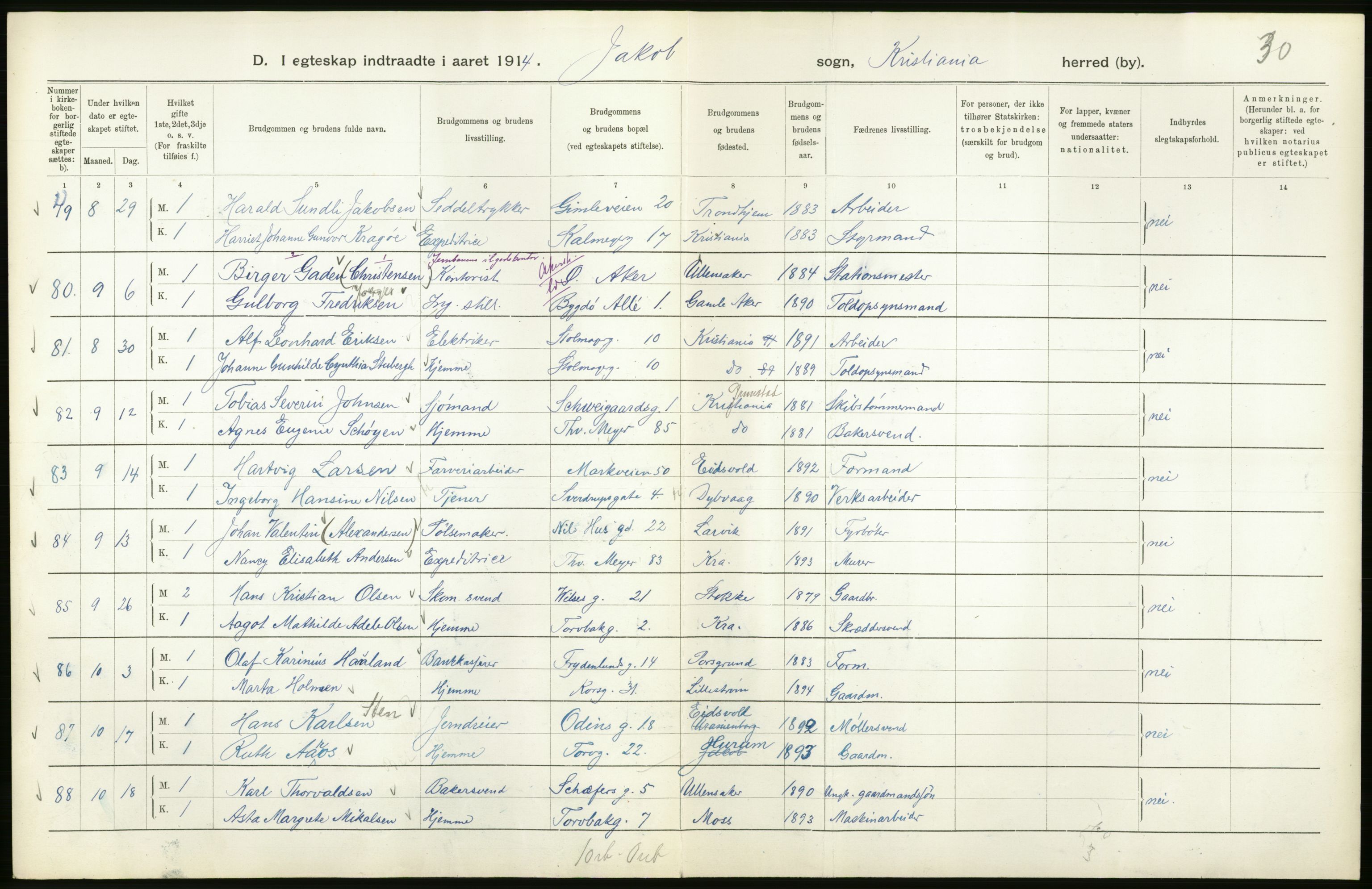 Statistisk sentralbyrå, Sosiodemografiske emner, Befolkning, AV/RA-S-2228/D/Df/Dfb/Dfbd/L0007: Kristiania: Gifte, 1914, s. 18