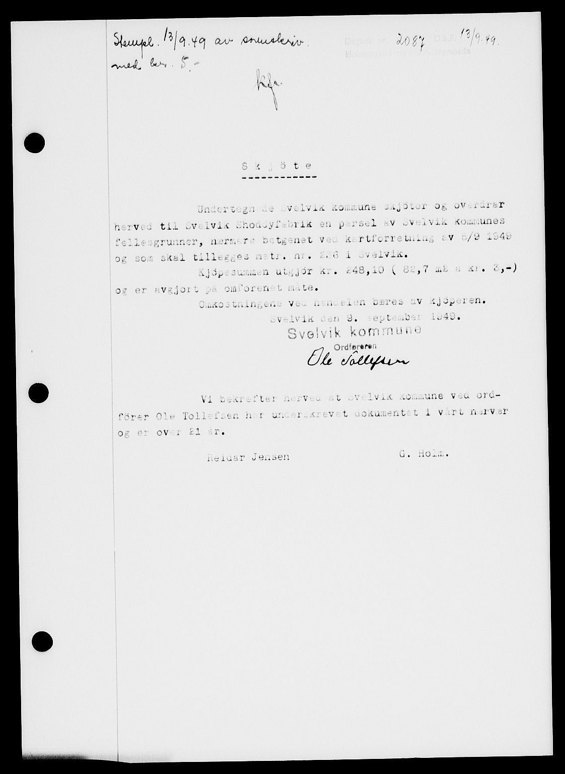 Holmestrand sorenskriveri, SAKO/A-67/G/Ga/Gaa/L0067: Pantebok nr. A-67, 1949-1949, Dagboknr: 2087/1949