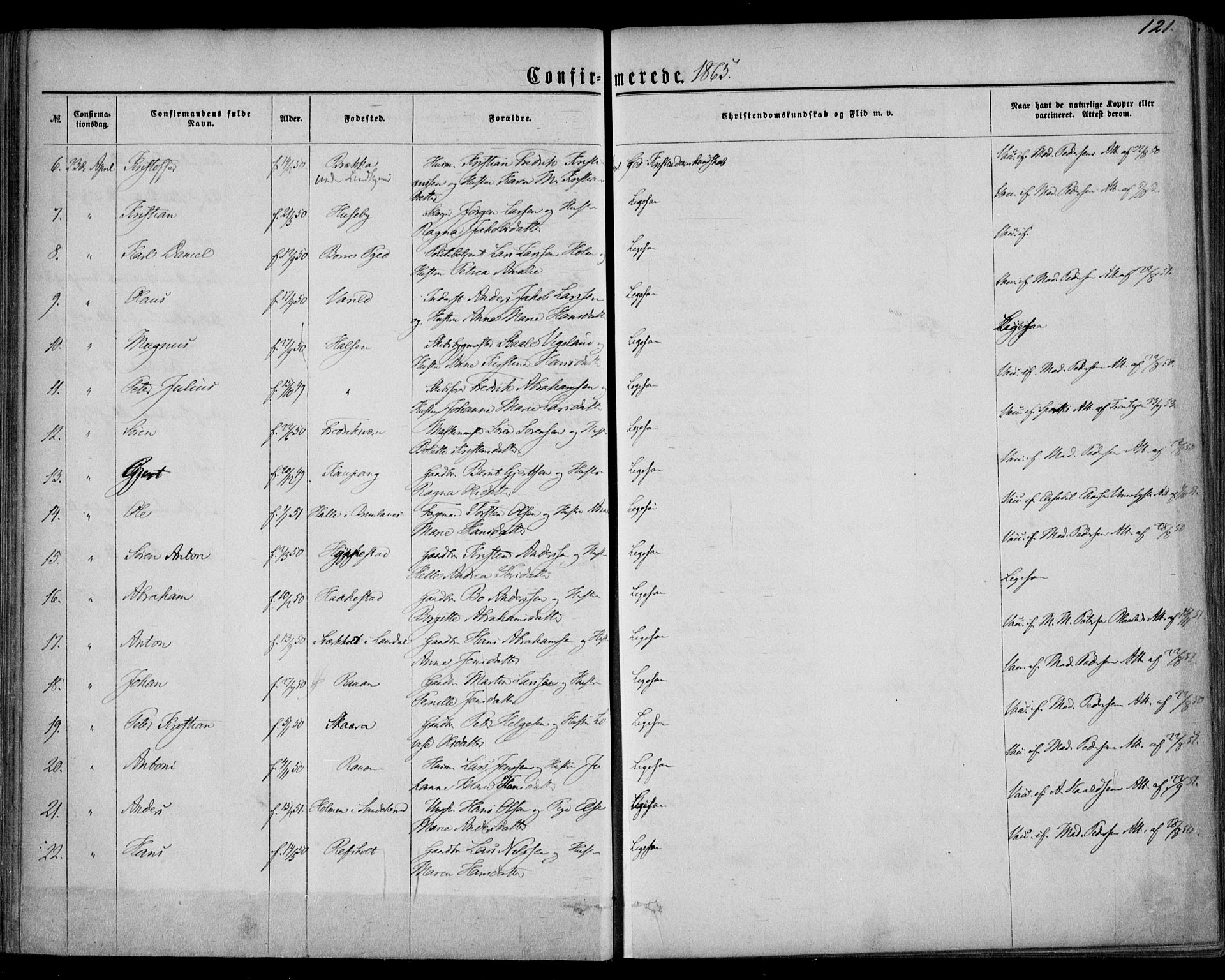 Tjølling kirkebøker, AV/SAKO-A-60/F/Fa/L0007: Ministerialbok nr. 7, 1860-1876, s. 121