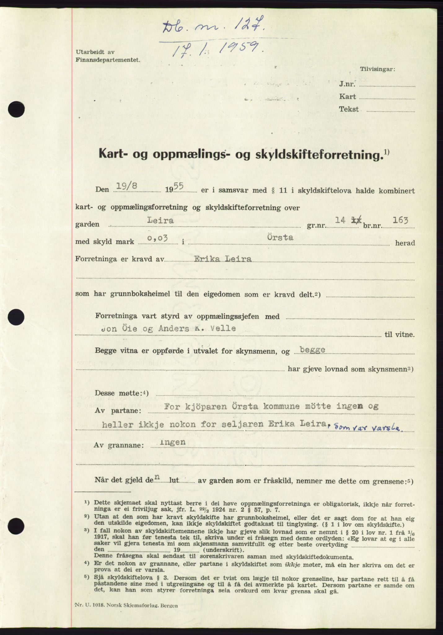 Søre Sunnmøre sorenskriveri, SAT/A-4122/1/2/2C/L0111: Pantebok nr. 37A, 1958-1959, Dagboknr: 127/1959