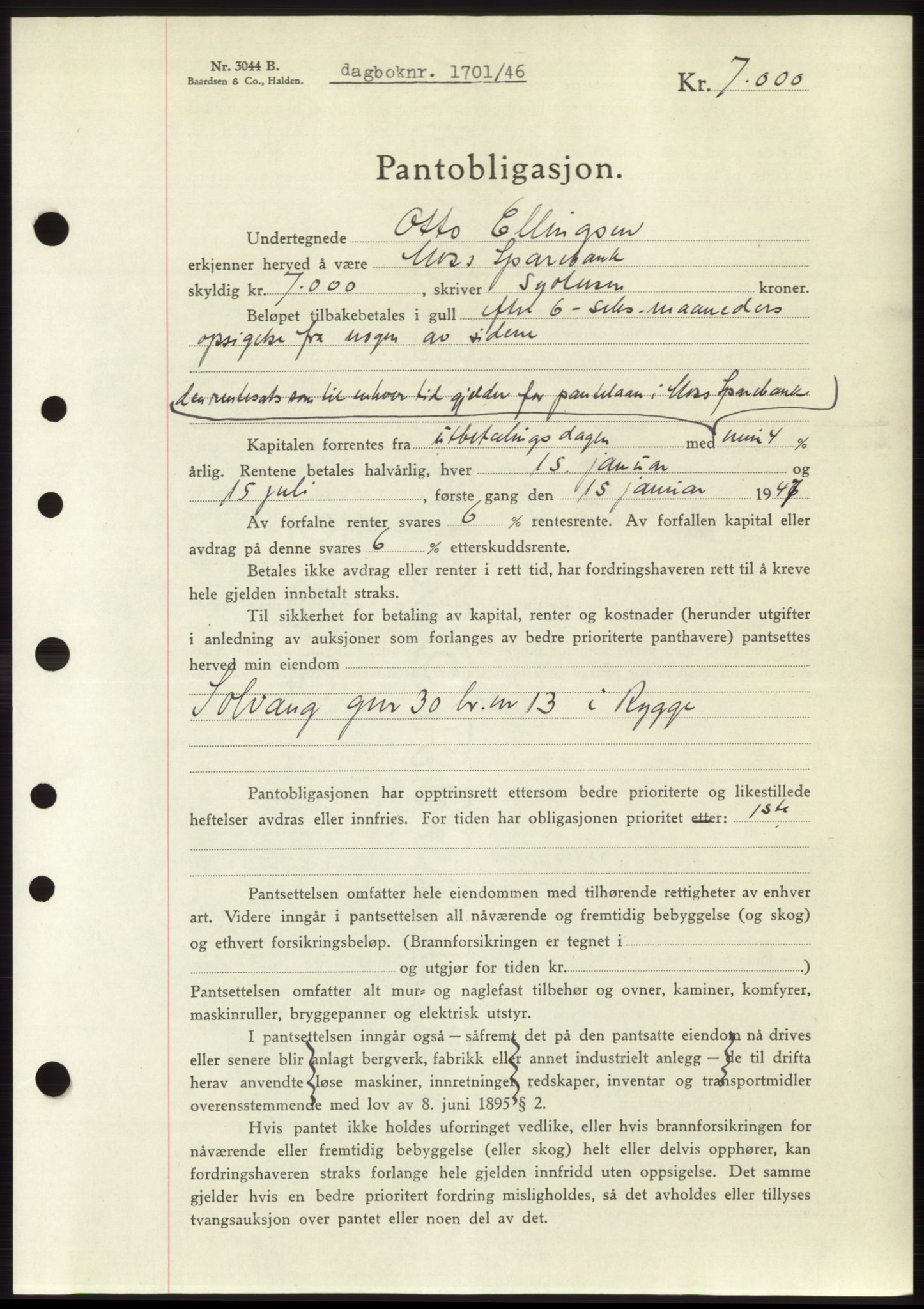 Moss sorenskriveri, SAO/A-10168: Pantebok nr. B15, 1946-1946, Dagboknr: 1701/1946