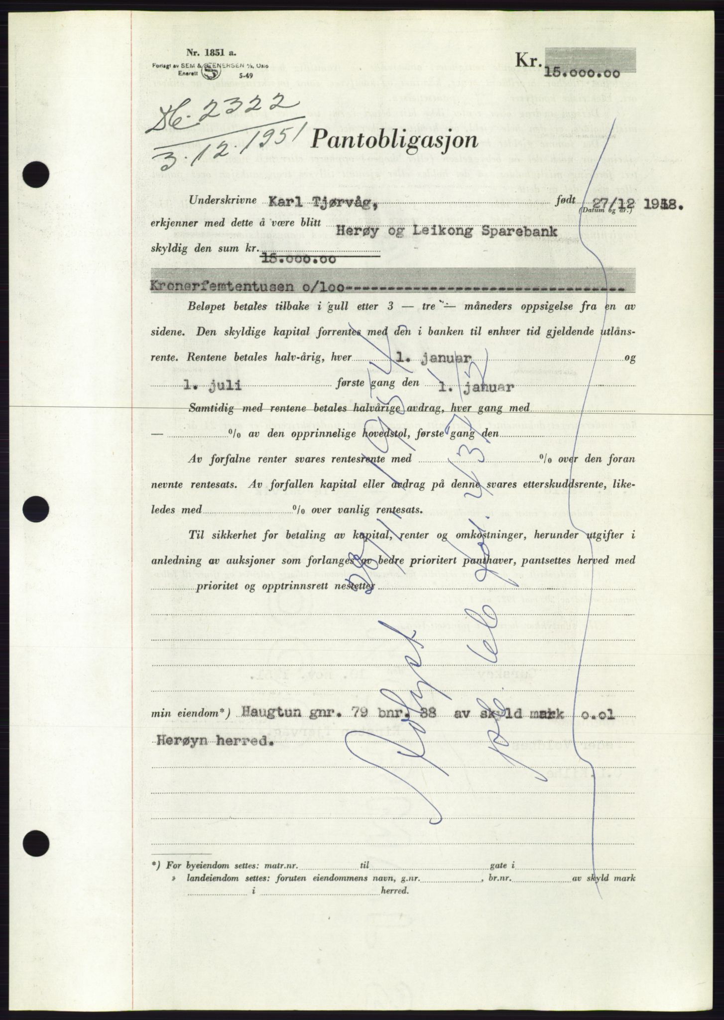 Søre Sunnmøre sorenskriveri, AV/SAT-A-4122/1/2/2C/L0120: Pantebok nr. 8B, 1951-1951, Dagboknr: 2322/1951