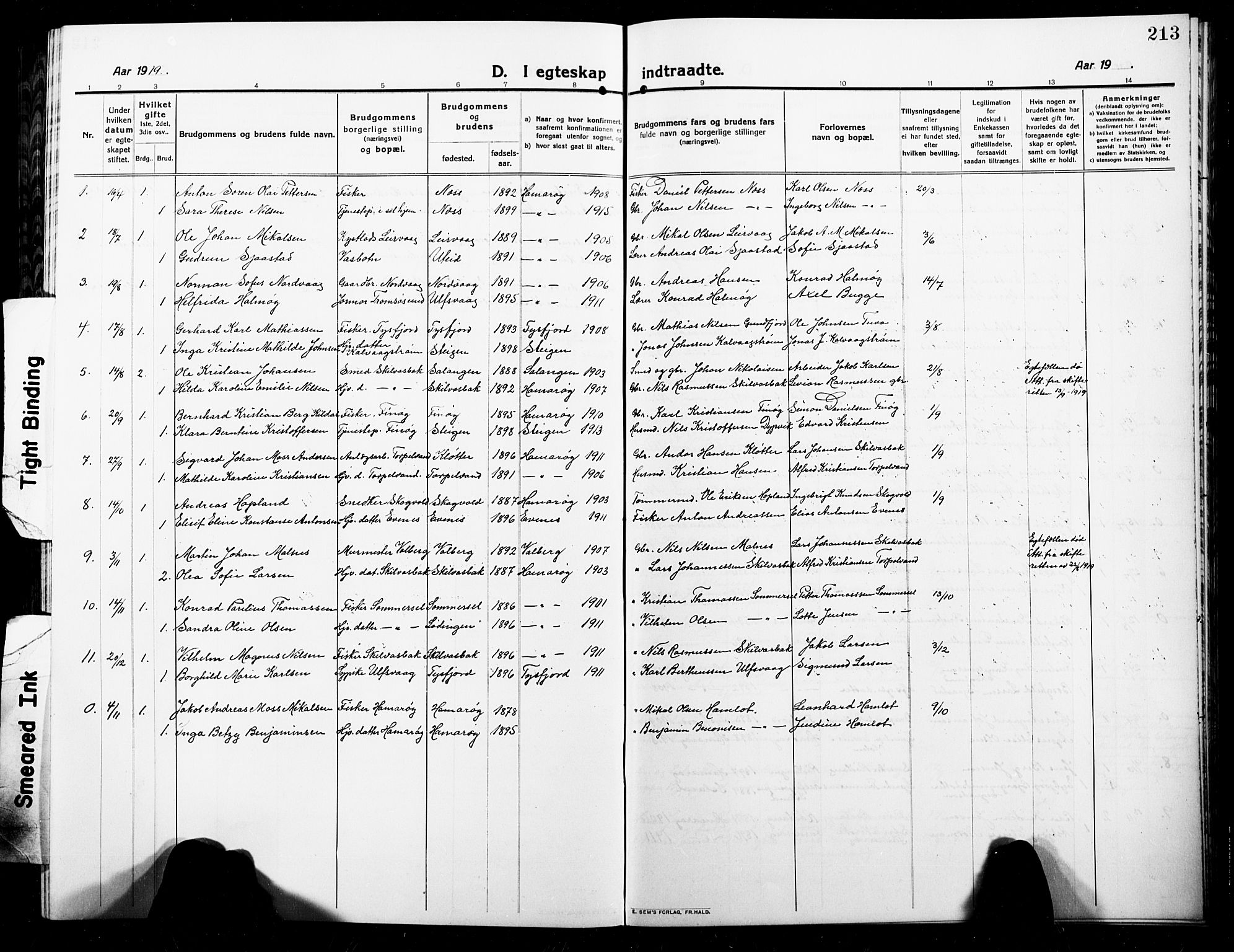 Ministerialprotokoller, klokkerbøker og fødselsregistre - Nordland, AV/SAT-A-1459/859/L0861: Klokkerbok nr. 859C07, 1910-1925, s. 213