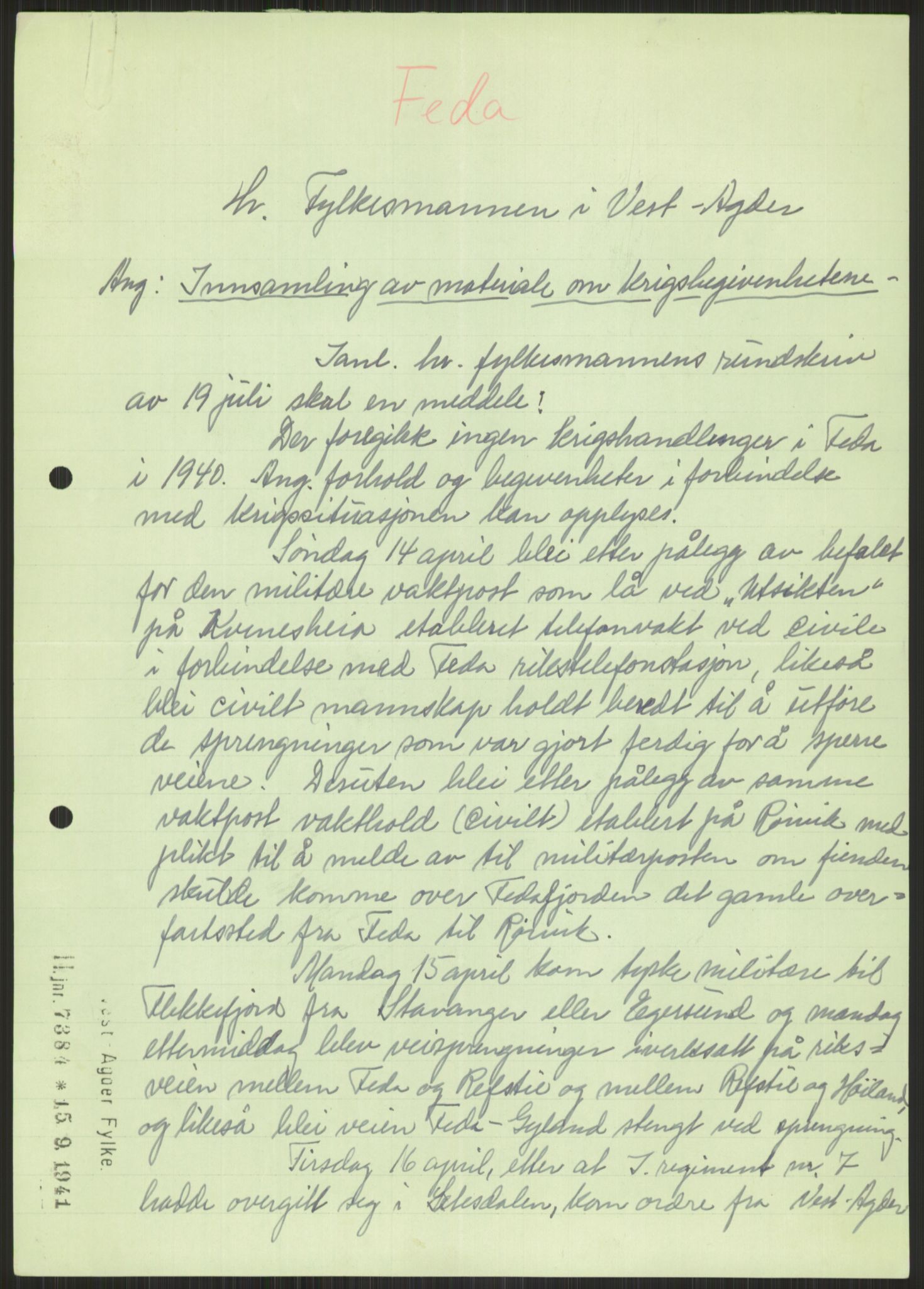 Forsvaret, Forsvarets krigshistoriske avdeling, AV/RA-RAFA-2017/Y/Ya/L0014: II-C-11-31 - Fylkesmenn.  Rapporter om krigsbegivenhetene 1940., 1940, s. 823