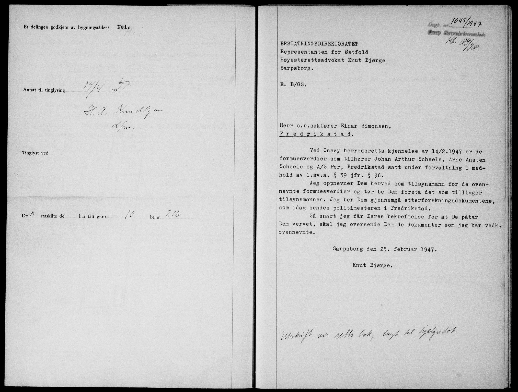 Onsøy sorenskriveri, SAO/A-10474/G/Ga/Gab/L0019b: Pantebok nr. II A-19 B, 1947-1947, Dagboknr: 1045/1947
