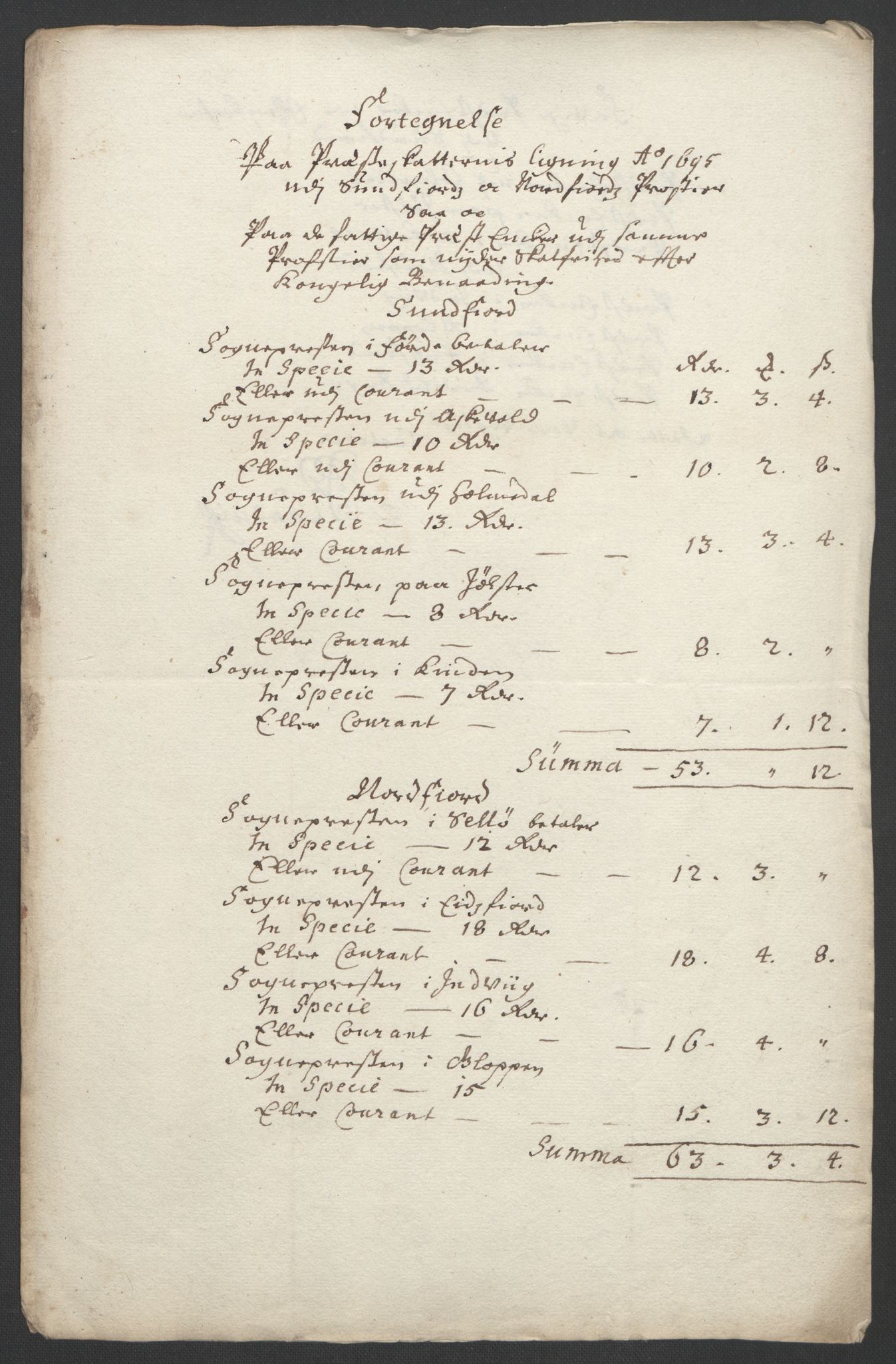 Rentekammeret inntil 1814, Reviderte regnskaper, Fogderegnskap, RA/EA-4092/R53/L3422: Fogderegnskap Sunn- og Nordfjord, 1695-1696, s. 72