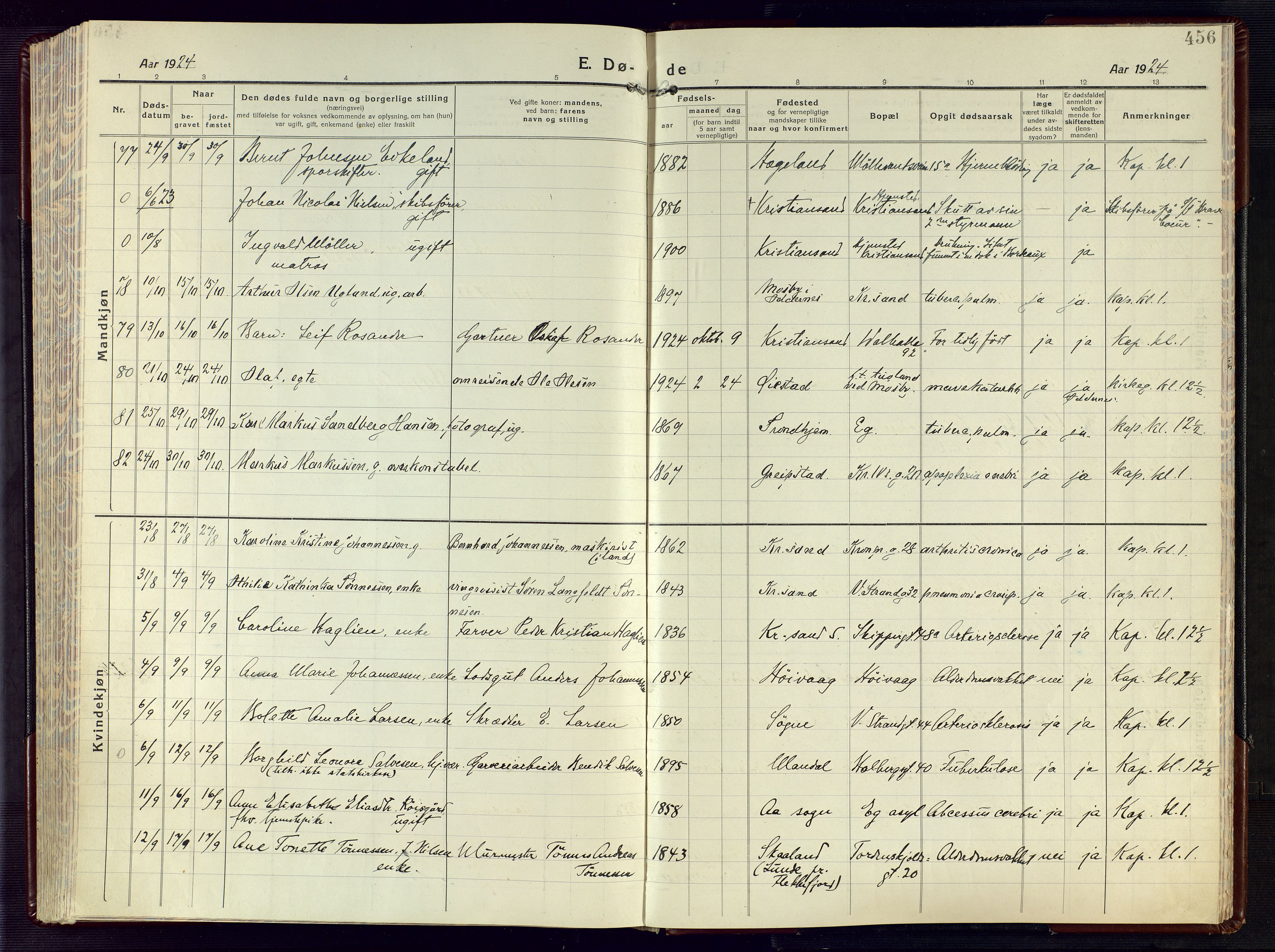 Kristiansand domprosti, AV/SAK-1112-0006/F/Fa/L0028: Ministerialbok nr. A 27, 1917-1926, s. 456