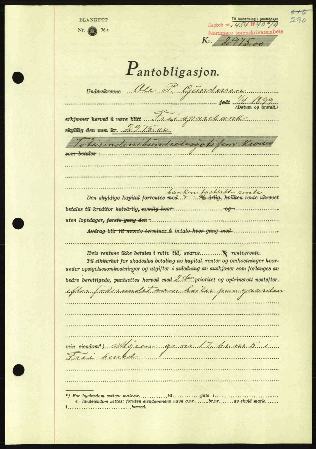 Nordmøre sorenskriveri, AV/SAT-A-4132/1/2/2Ca: Pantebok nr. B87, 1940-1941, Dagboknr: 1454/1940