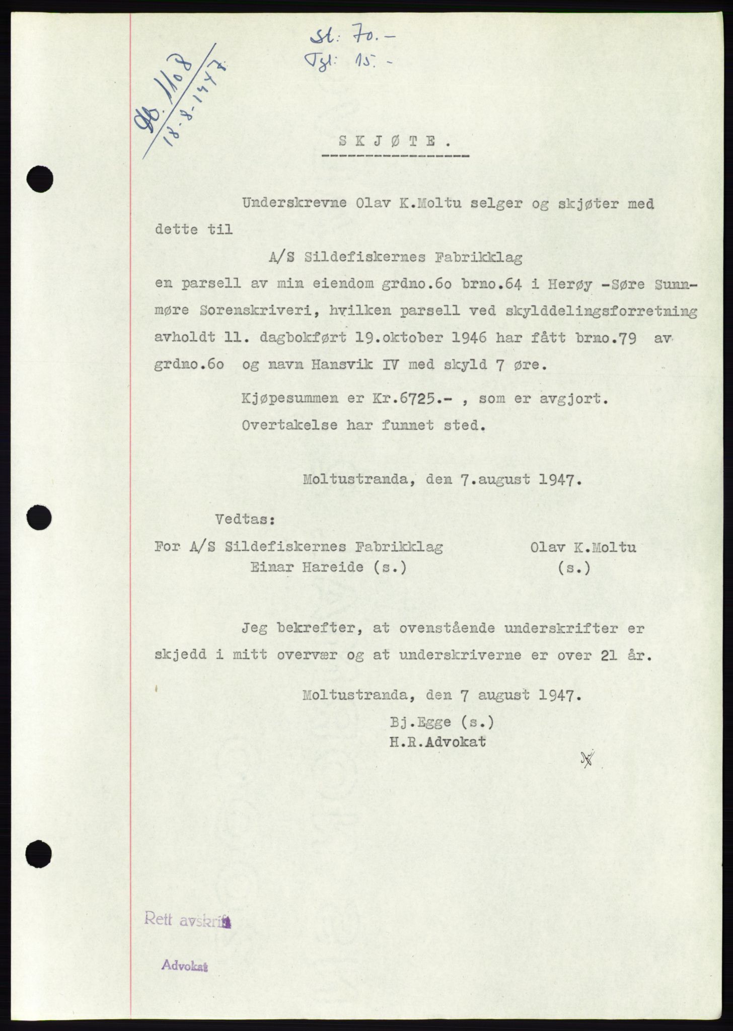 Søre Sunnmøre sorenskriveri, SAT/A-4122/1/2/2C/L0081: Pantebok nr. 7A, 1947-1948, Dagboknr: 1108/1947