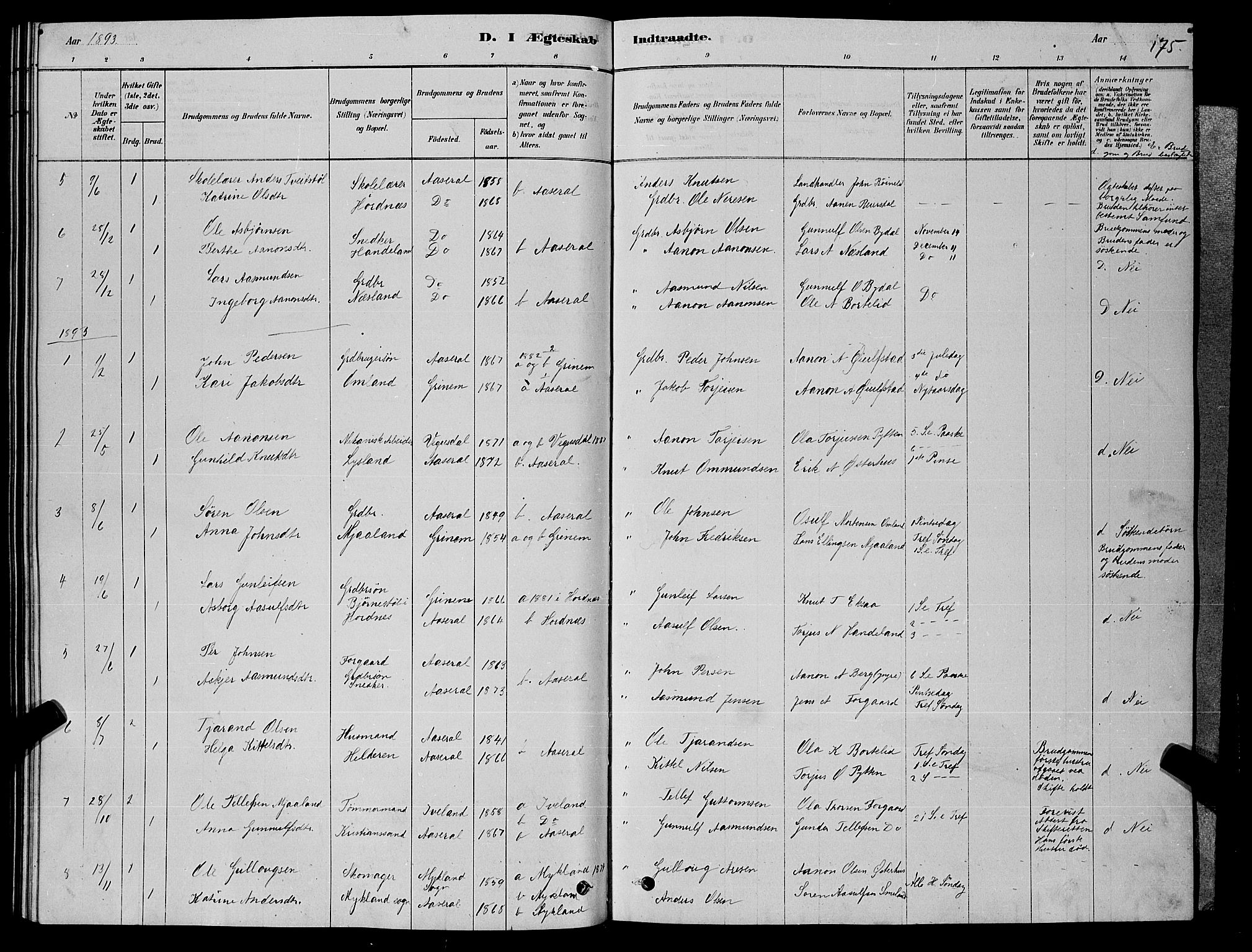 Åseral sokneprestkontor, AV/SAK-1111-0051/F/Fb/L0002: Klokkerbok nr. B 2, 1878-1899, s. 175