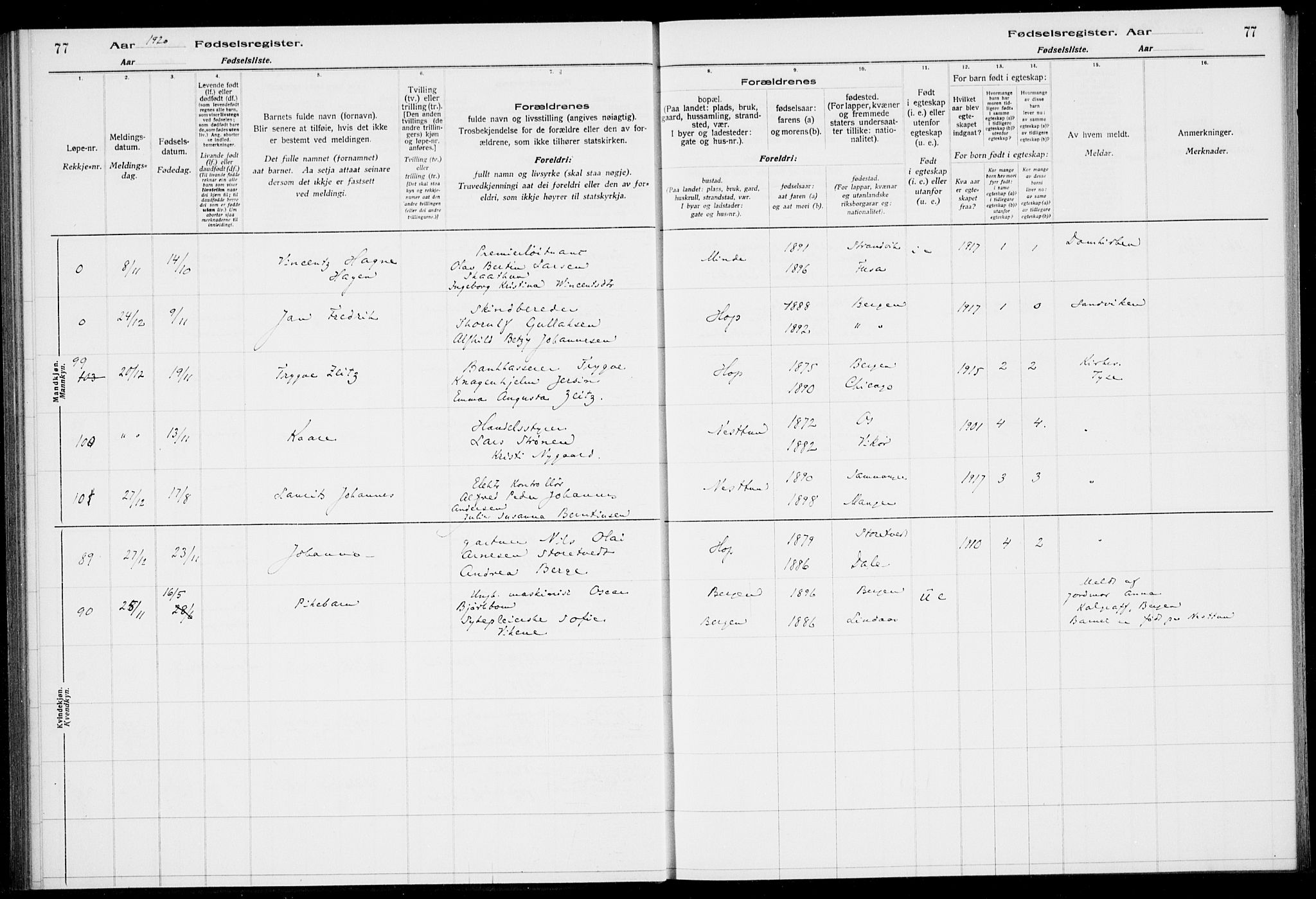 Birkeland Sokneprestembete, AV/SAB-A-74601/I/Id/L00A1: Fødselsregister nr. A 1, 1916-1926, s. 77