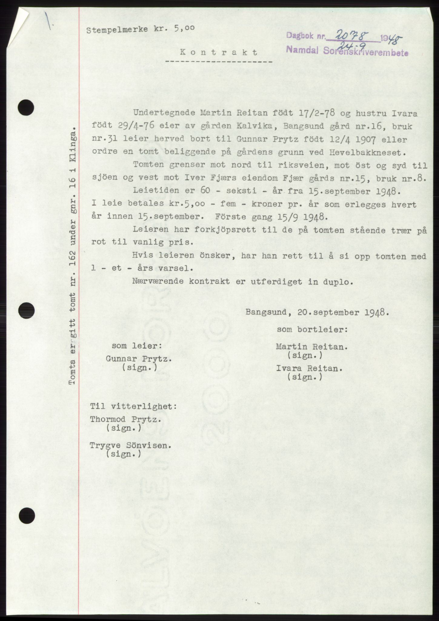 Namdal sorenskriveri, SAT/A-4133/1/2/2C: Pantebok nr. -, 1948-1948, Dagboknr: 2078/1948