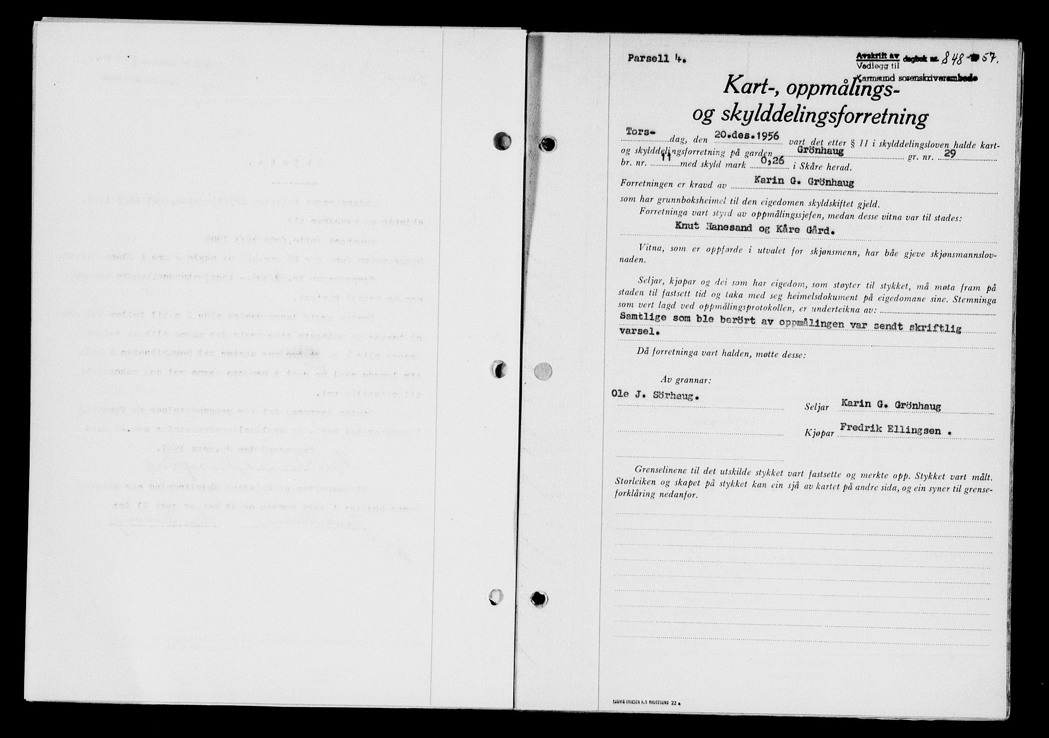 Karmsund sorenskriveri, SAST/A-100311/01/II/IIB/L0124: Pantebok nr. 104A, 1957-1957, Dagboknr: 848/1957