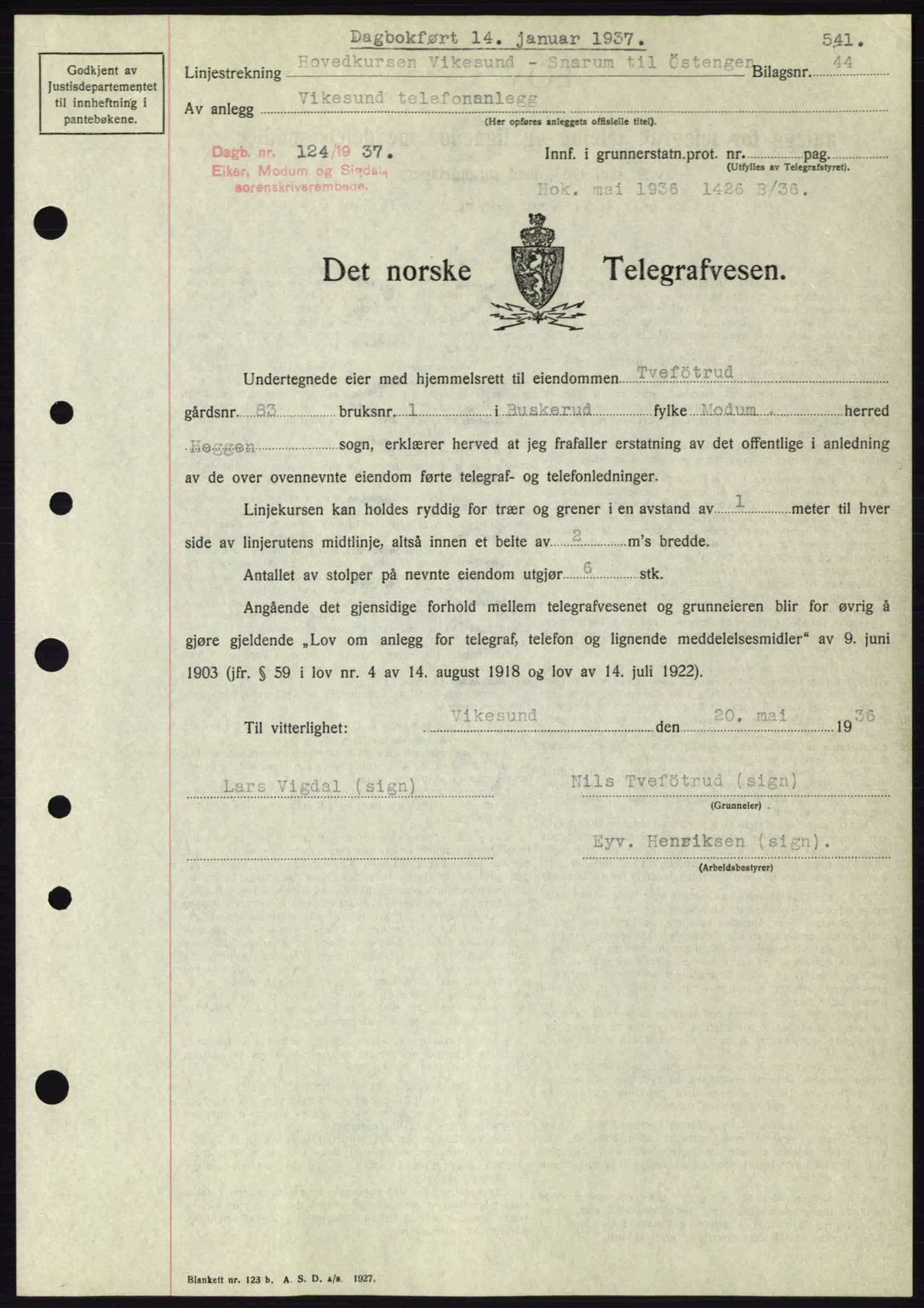 Eiker, Modum og Sigdal sorenskriveri, SAKO/A-123/G/Ga/Gab/L0034: Pantebok nr. A4, 1936-1937, Dagboknr: 124/1937