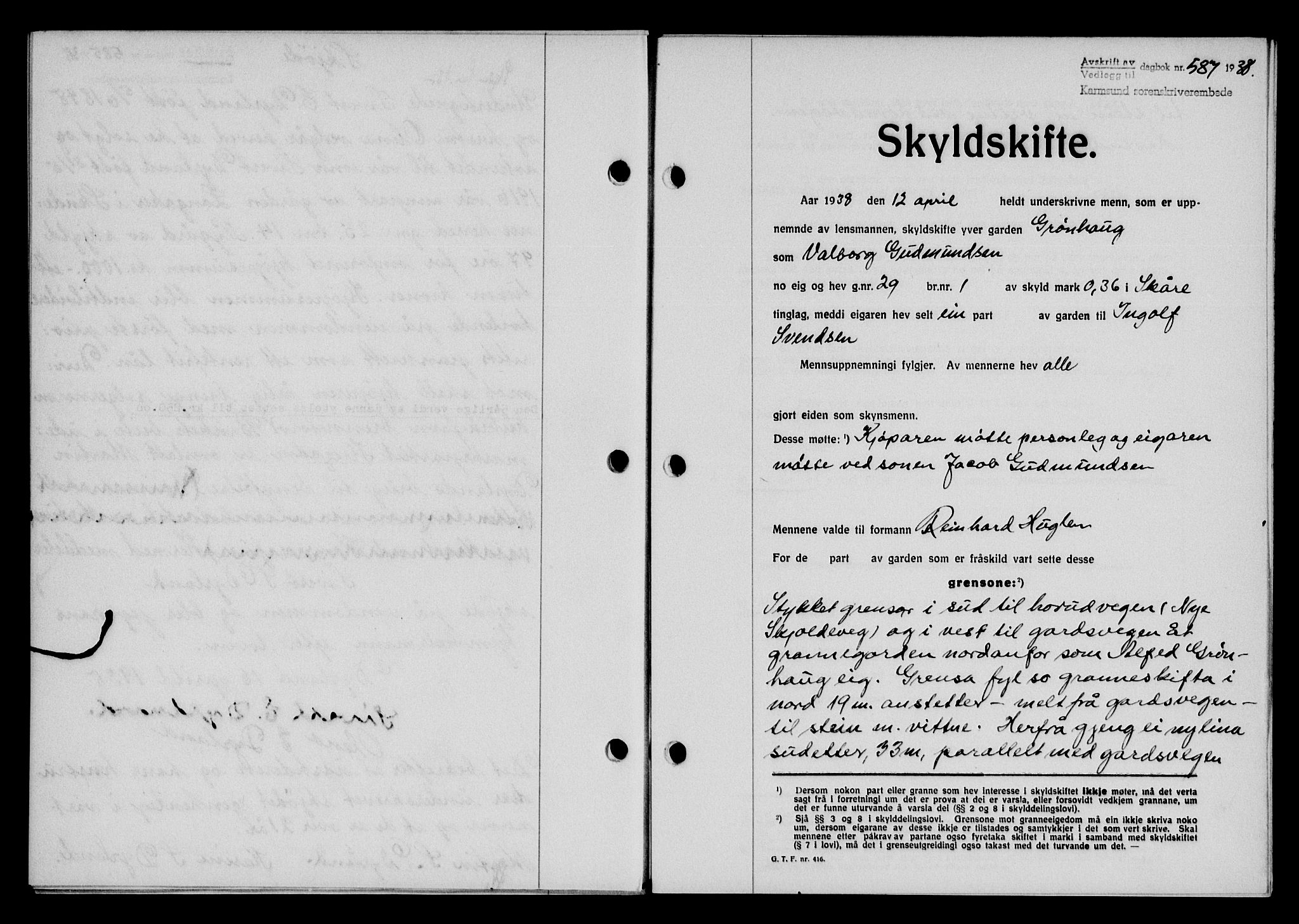 Karmsund sorenskriveri, SAST/A-100311/01/II/IIB/L0069: Pantebok nr. 50A, 1937-1938, Dagboknr: 587/1938
