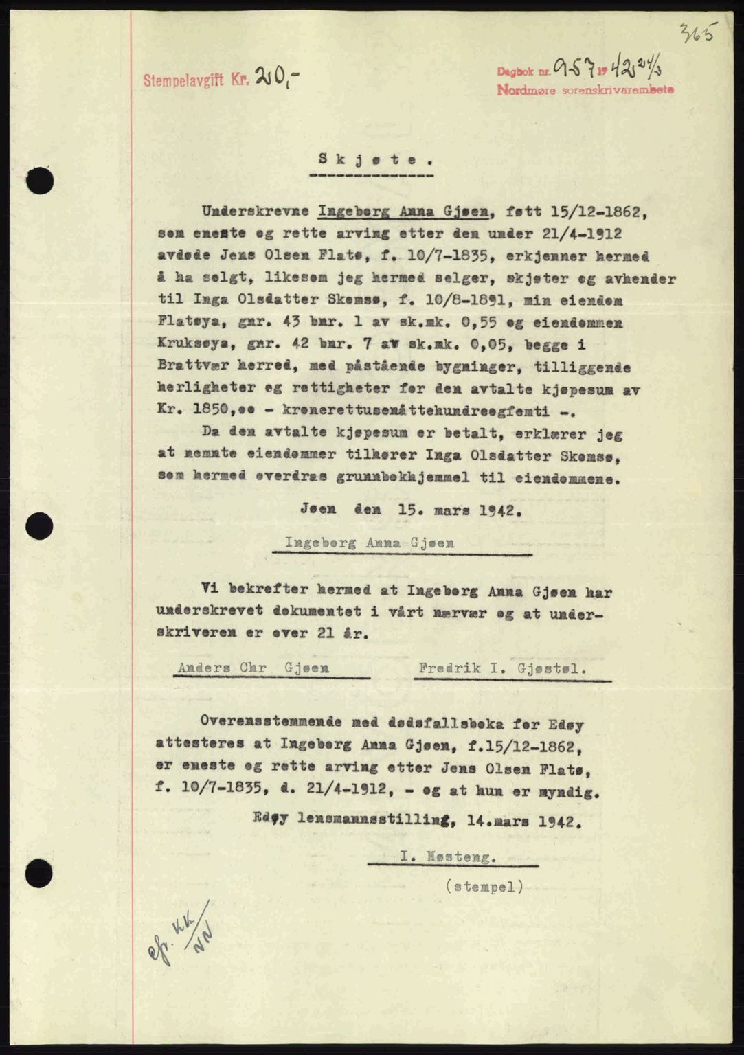 Nordmøre sorenskriveri, SAT/A-4132/1/2/2Ca: Pantebok nr. A92, 1942-1942, Dagboknr: 957/1942