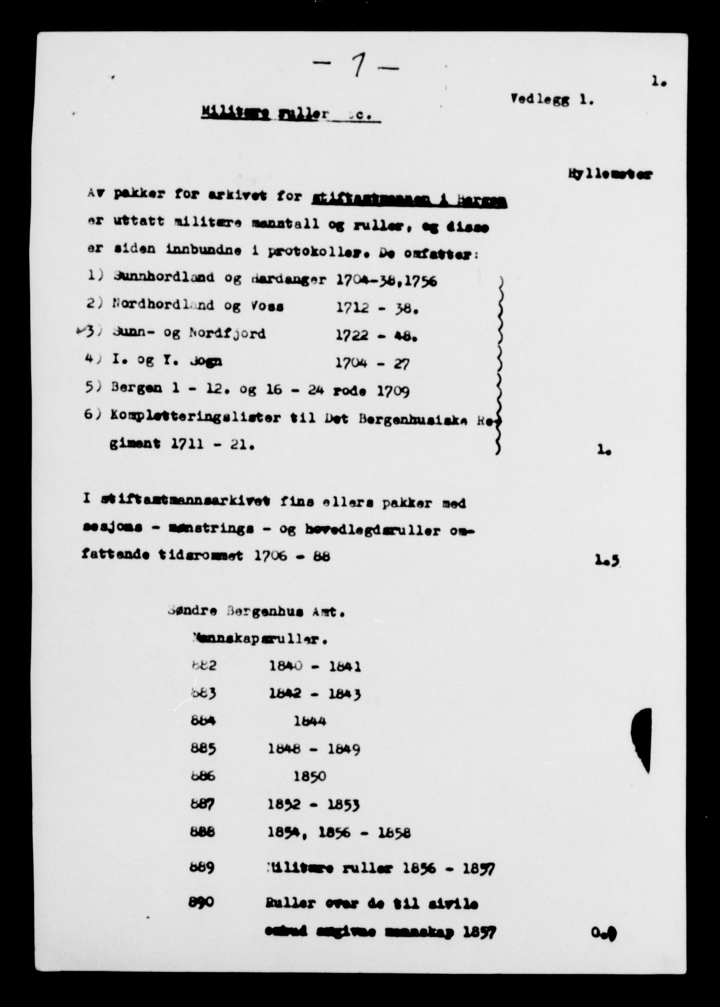 Stiftamtmannen i Bergen, AV/SAB-A-100006/F/Fc/L0005: Lnr. 1888 - Militære manntall og ruller, 1704-1711