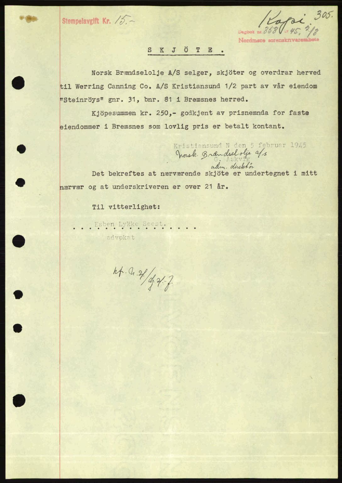 Nordmøre sorenskriveri, SAT/A-4132/1/2/2Ca: Pantebok nr. A99, 1945-1945, Dagboknr: 353/1945