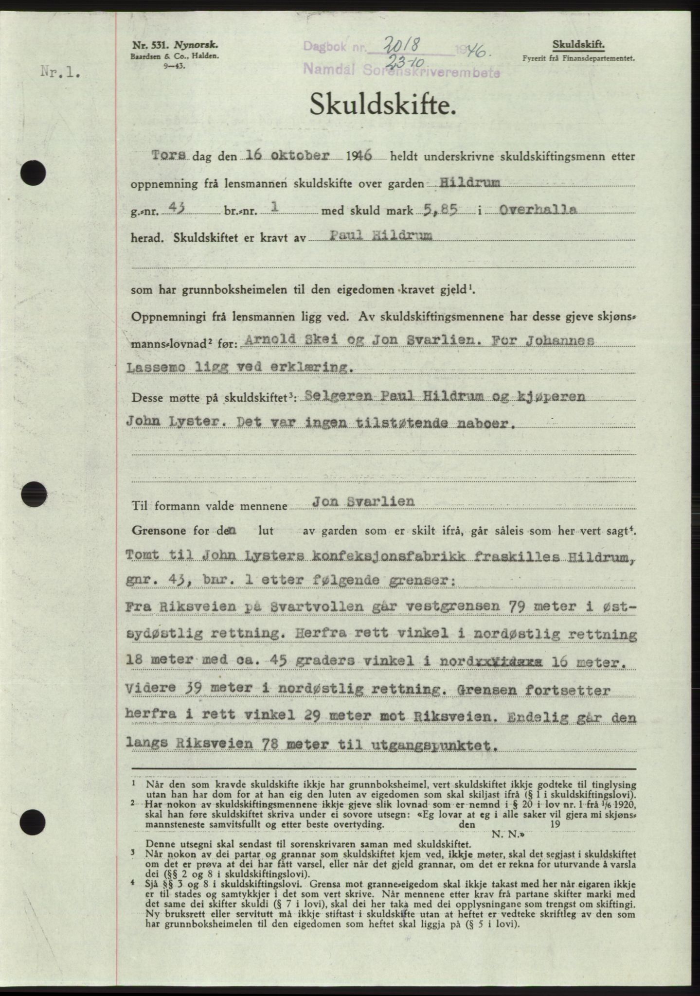 Namdal sorenskriveri, SAT/A-4133/1/2/2C: Pantebok nr. -, 1946-1947, Dagboknr: 2018/1946