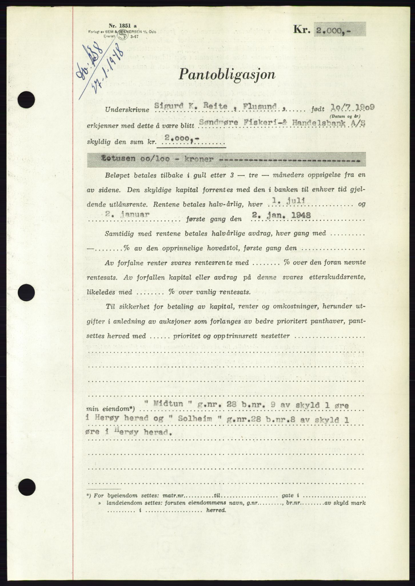 Søre Sunnmøre sorenskriveri, AV/SAT-A-4122/1/2/2C/L0115: Pantebok nr. 3B, 1947-1948, Dagboknr: 138/1948