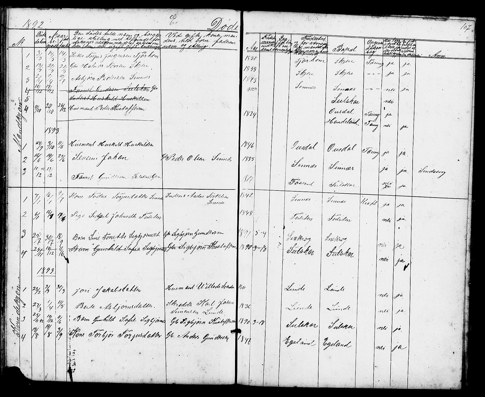 Sirdal sokneprestkontor, AV/SAK-1111-0036/F/Fb/Fba/L0001: Klokkerbok nr. B 1, 1872-1905, s. 107