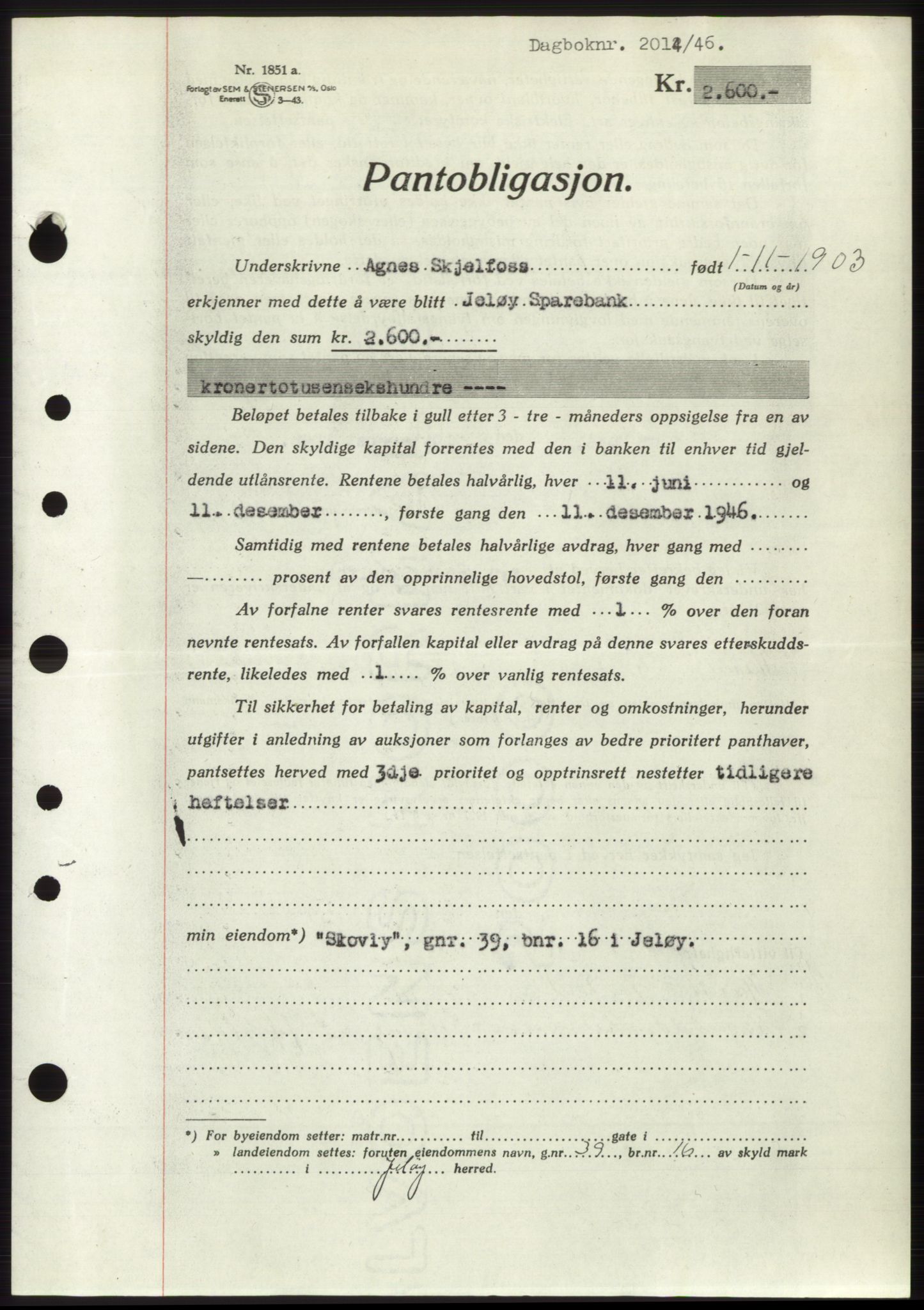 Moss sorenskriveri, SAO/A-10168: Pantebok nr. B15, 1946-1946, Dagboknr: 2014/1946