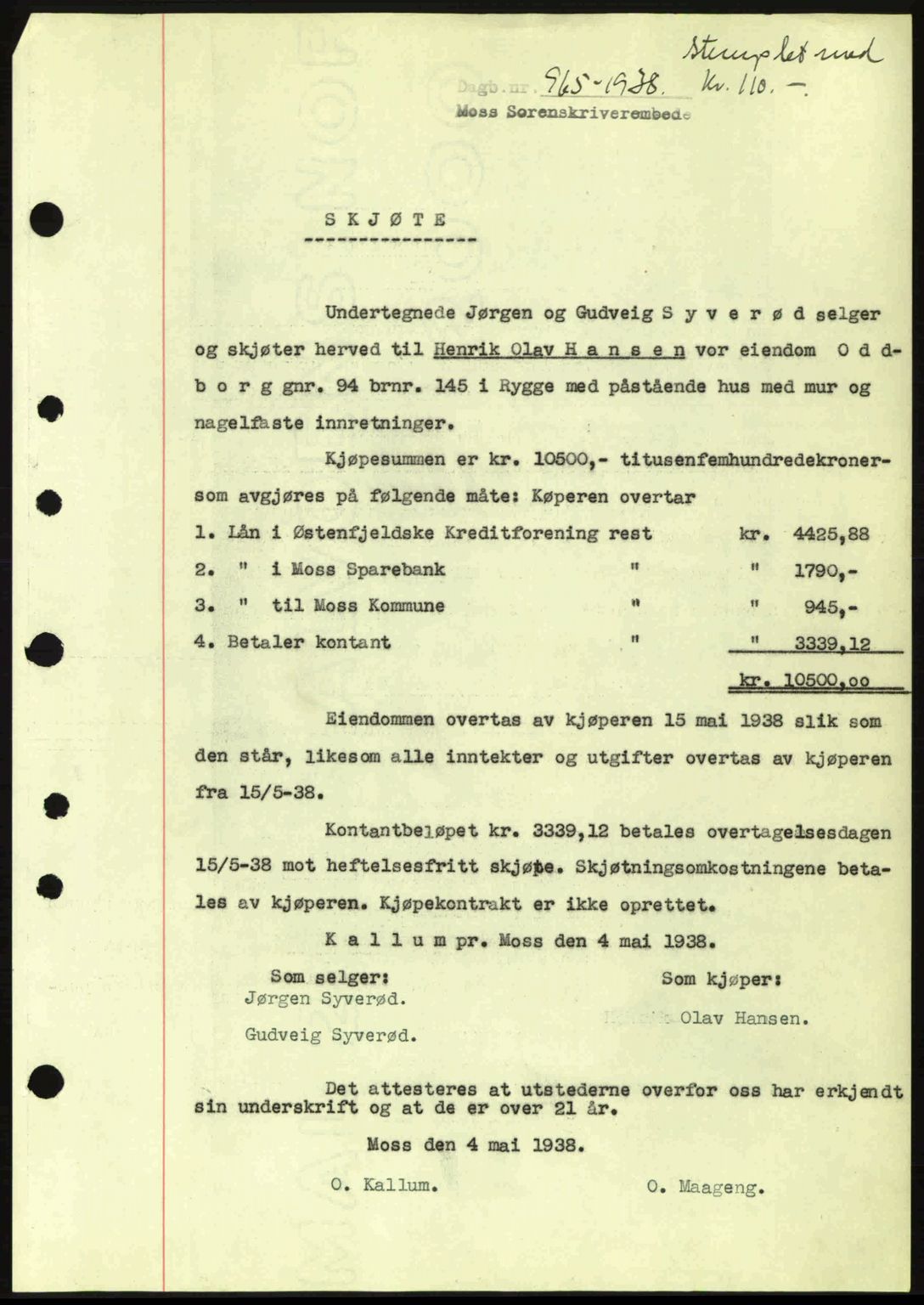 Moss sorenskriveri, SAO/A-10168: Pantebok nr. A4, 1938-1938, Dagboknr: 965/1938