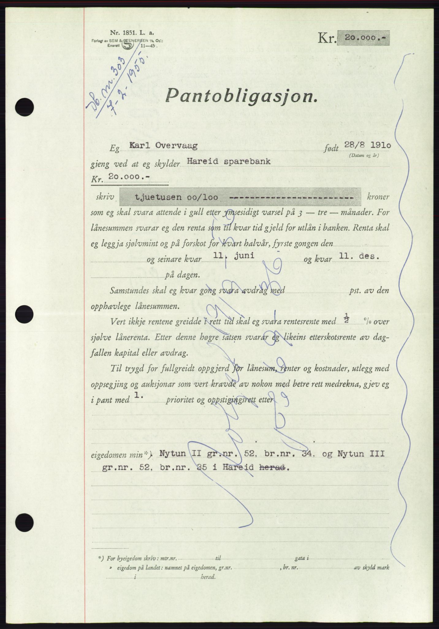 Søre Sunnmøre sorenskriveri, AV/SAT-A-4122/1/2/2C/L0126: Pantebok nr. 14B, 1954-1955, Dagboknr: 303/1955