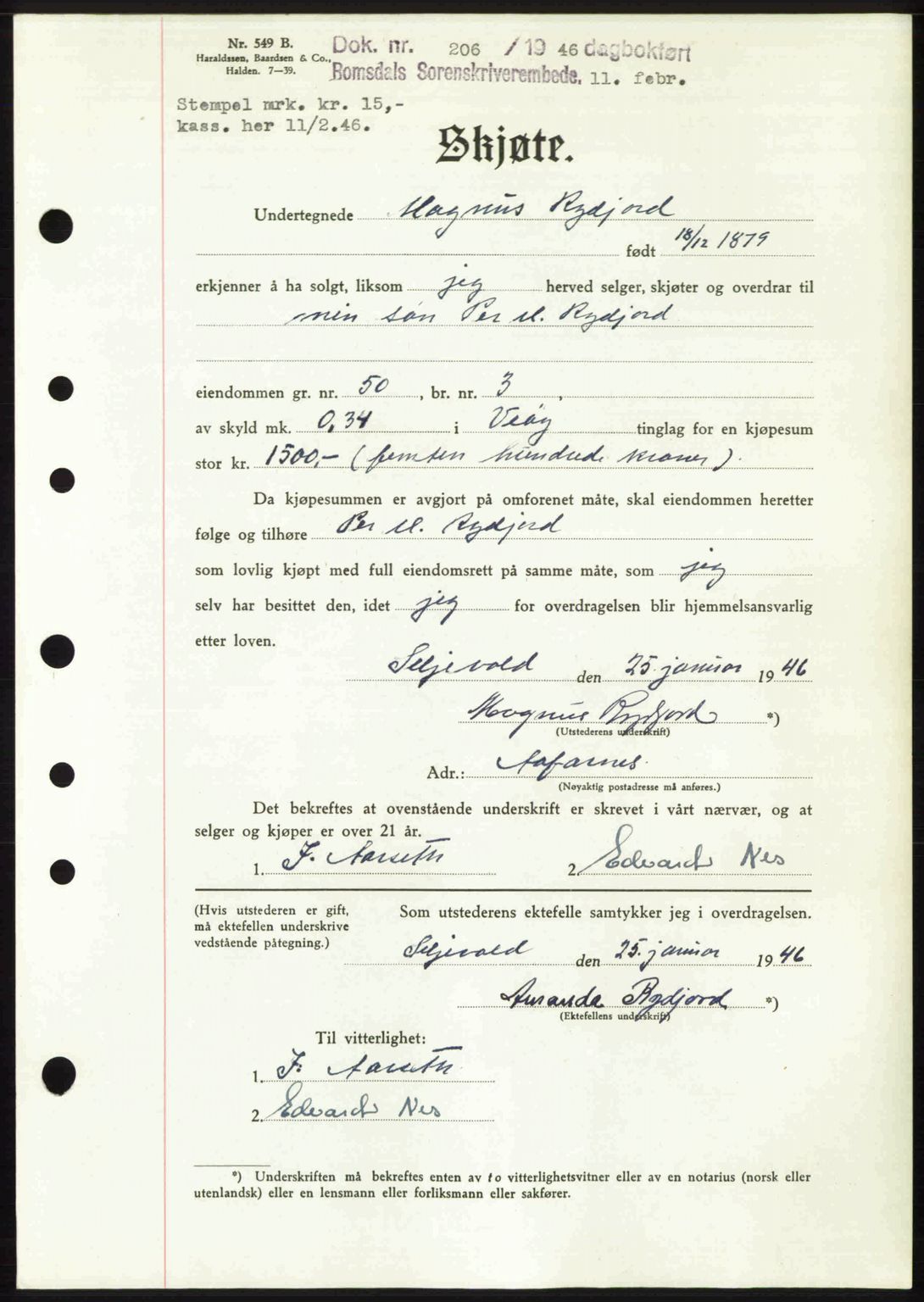 Romsdal sorenskriveri, SAT/A-4149/1/2/2C: Pantebok nr. A19, 1946-1946, Dagboknr: 206/1946