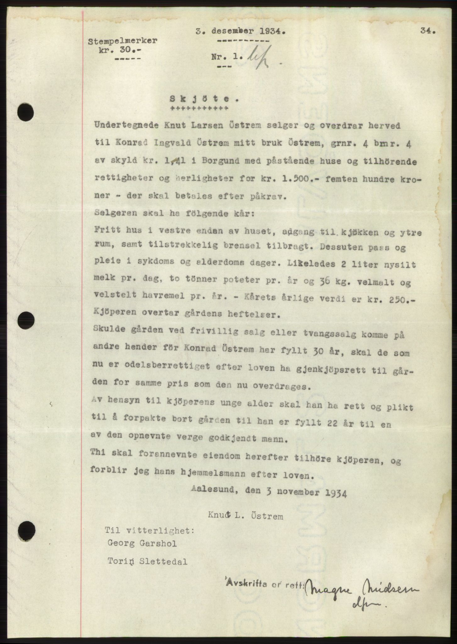 Nordre Sunnmøre sorenskriveri, AV/SAT-A-0006/1/2/2C/2Ca/L0057: Pantebok nr. 57, 1934-1935, Tingl.dato: 03.12.1934