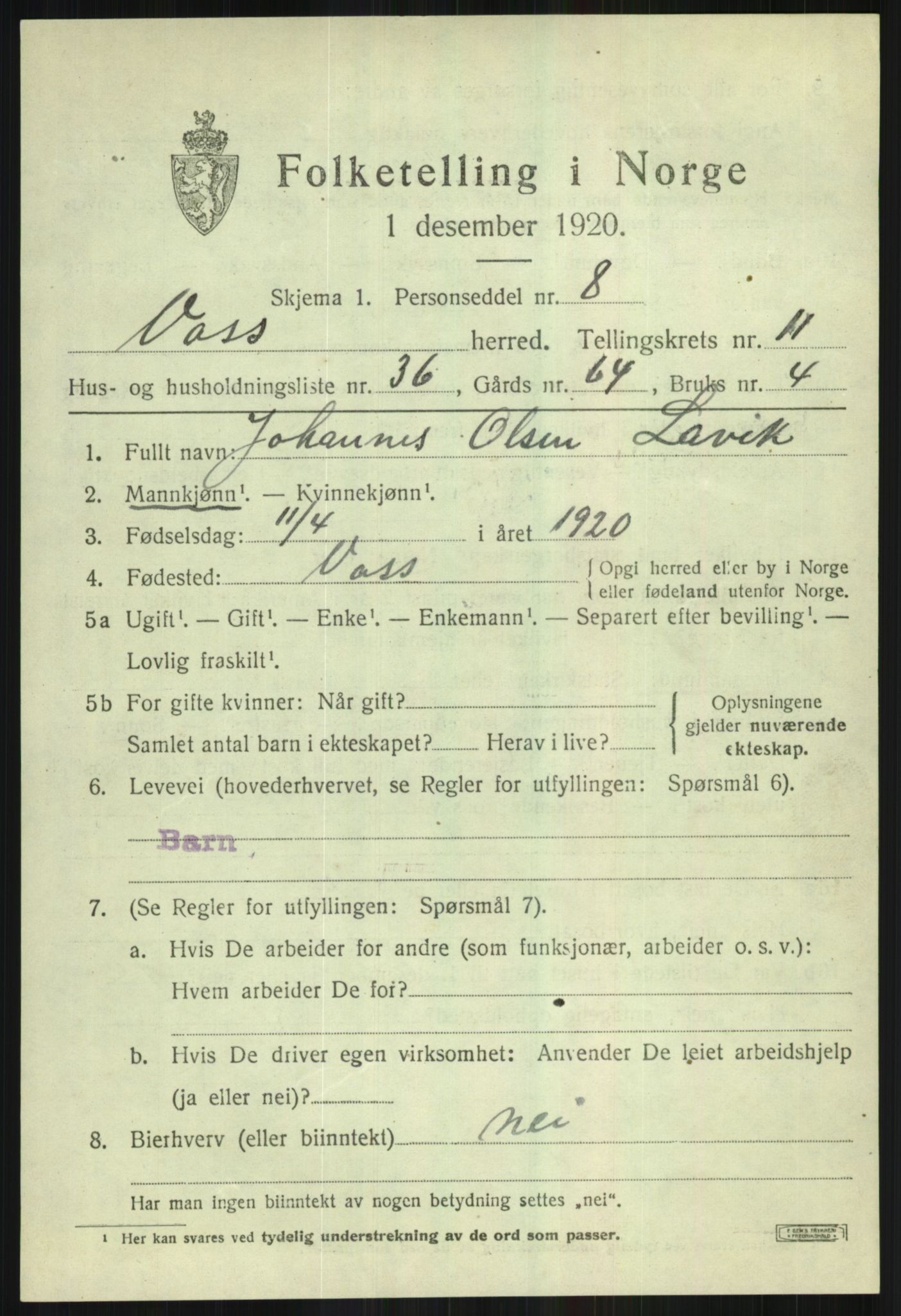 SAB, Folketelling 1920 for 1235 Voss herred, 1920, s. 10505