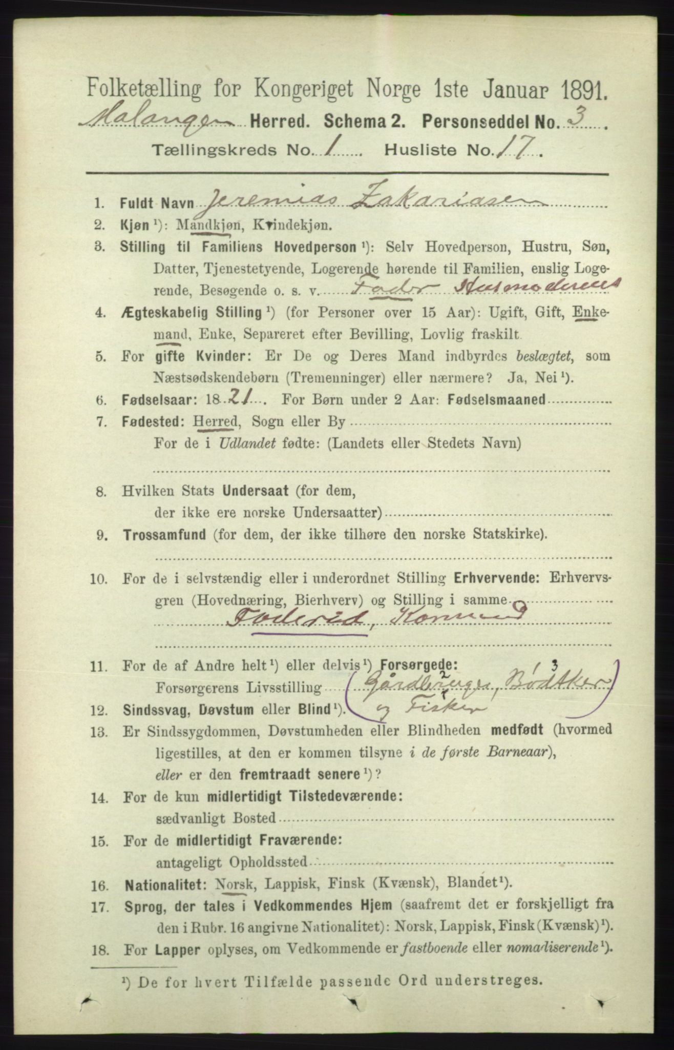 RA, Folketelling 1891 for 1932 Malangen herred, 1891, s. 214