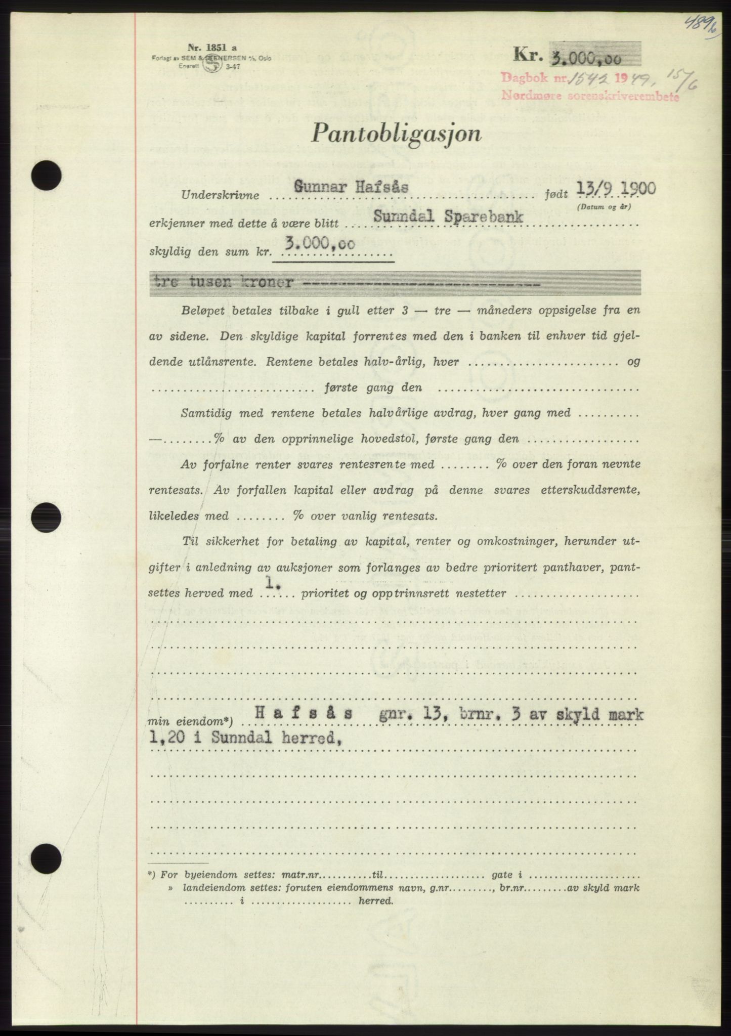 Nordmøre sorenskriveri, AV/SAT-A-4132/1/2/2Ca: Pantebok nr. B101, 1949-1949, Dagboknr: 1542/1949