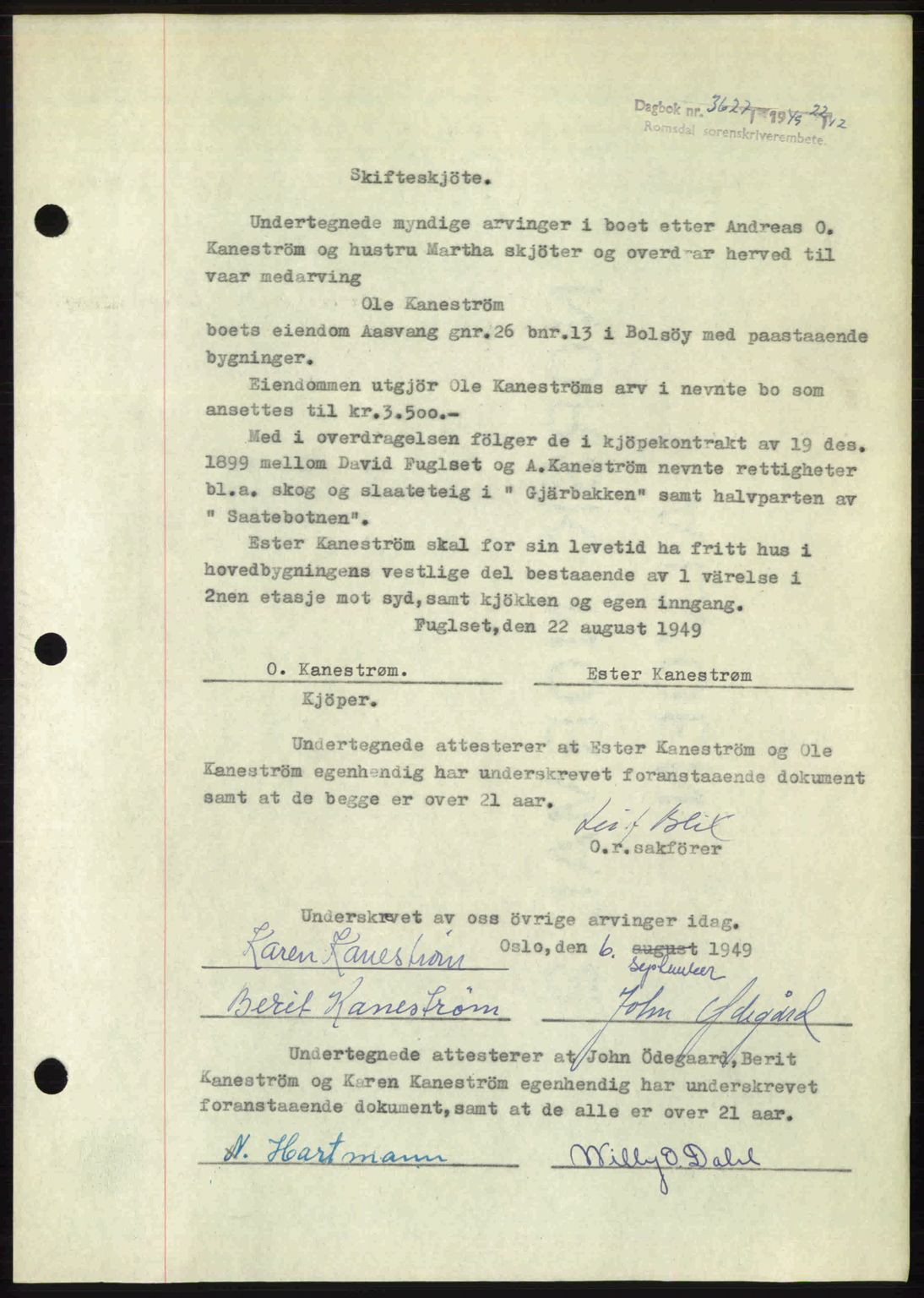 Romsdal sorenskriveri, AV/SAT-A-4149/1/2/2C: Pantebok nr. A31, 1949-1949, Dagboknr: 3627/1949