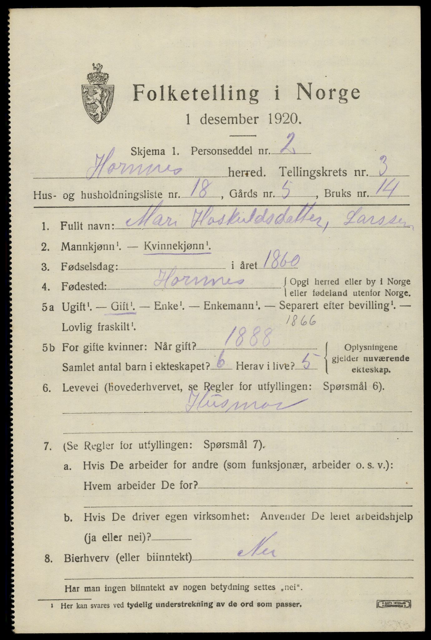 SAK, Folketelling 1920 for 0936 Hornnes herred, 1920, s. 1015