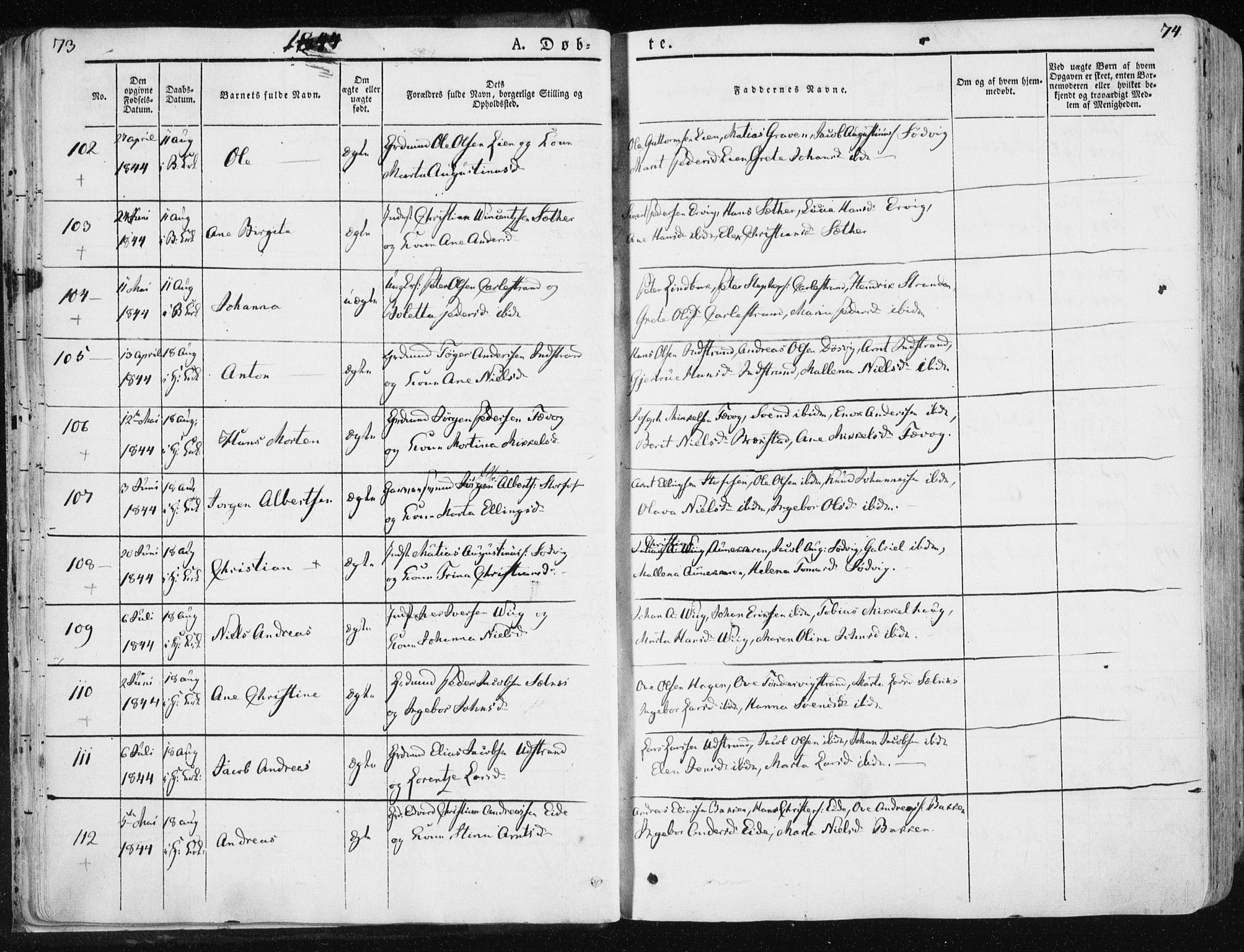 Ministerialprotokoller, klokkerbøker og fødselsregistre - Sør-Trøndelag, SAT/A-1456/659/L0736: Ministerialbok nr. 659A06, 1842-1856, s. 73-74