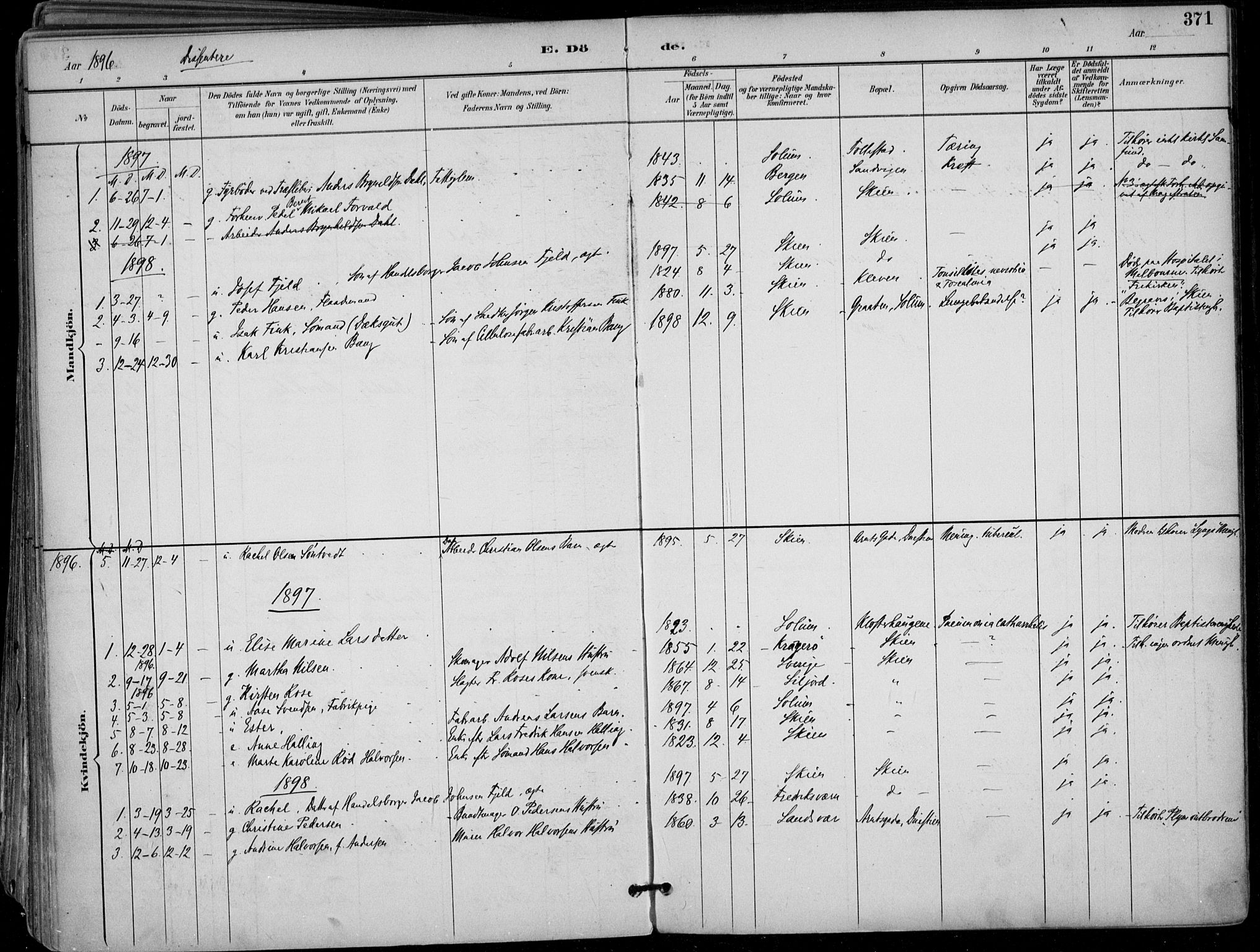 Skien kirkebøker, AV/SAKO-A-302/F/Fa/L0010: Ministerialbok nr. 10, 1891-1899, s. 371